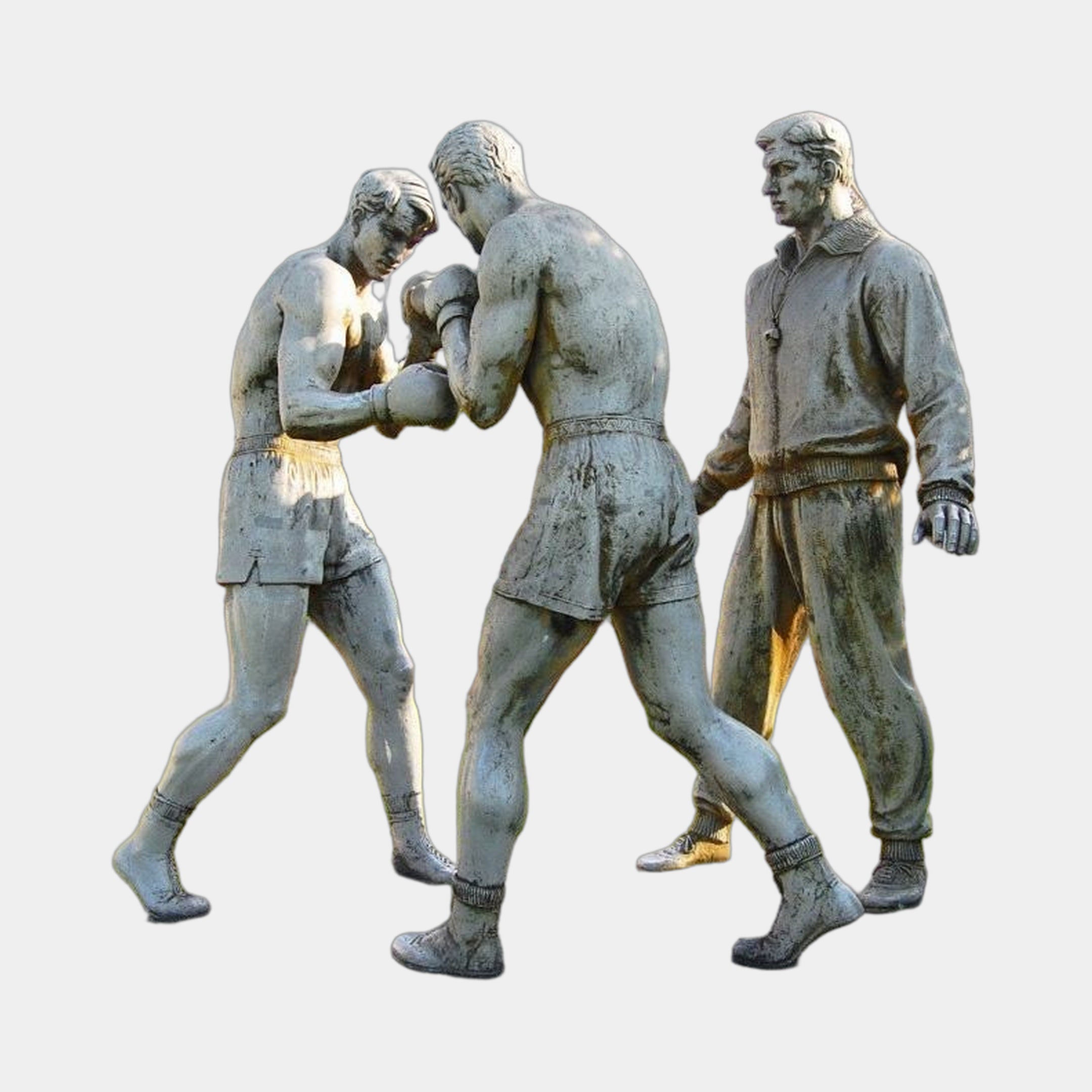 Monumental Contemporary Boxing Trio Bronze Sculpture by Giant Sculptures, 250cm, two sparring fighters with a tracksuited trainer watching, weathered patina.