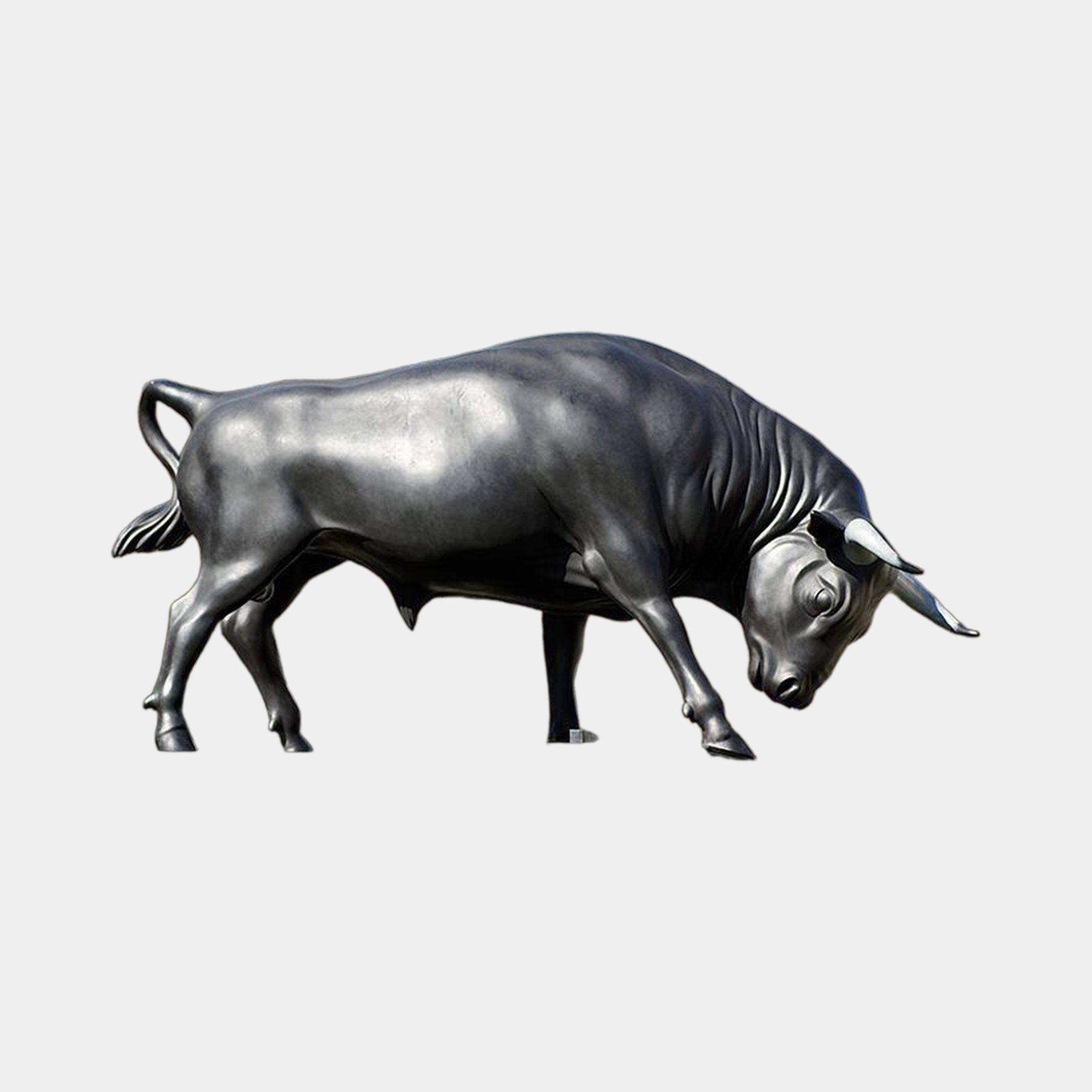 Giant Sculptures Monumental Contemporary Charging Bull Bronze Sculpture 202cm in matte black patina, head lowered and tail raised, shown side-on against a plain background.