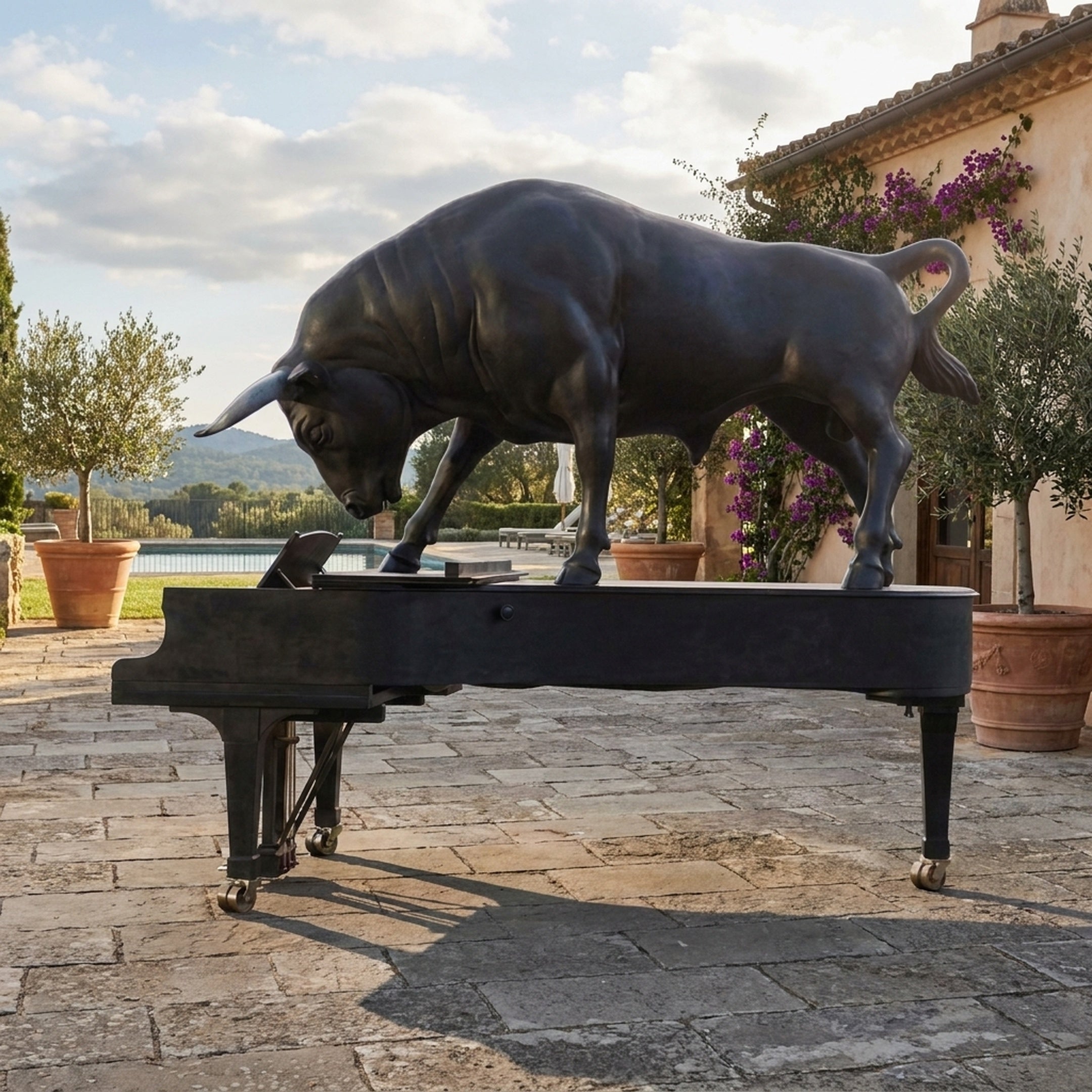 Monumental Contemporary Charging Bull on Grand Piano Bronze Sculpture by Giant Sculptures in matte black, displayed on a stone terrace beside a pool.
