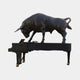 Monumental Contemporary Charging Bull on Grand Piano Bronze Sculpture 250cm by Giant Sculptures, matte black patina with gold-toned castors, side view.