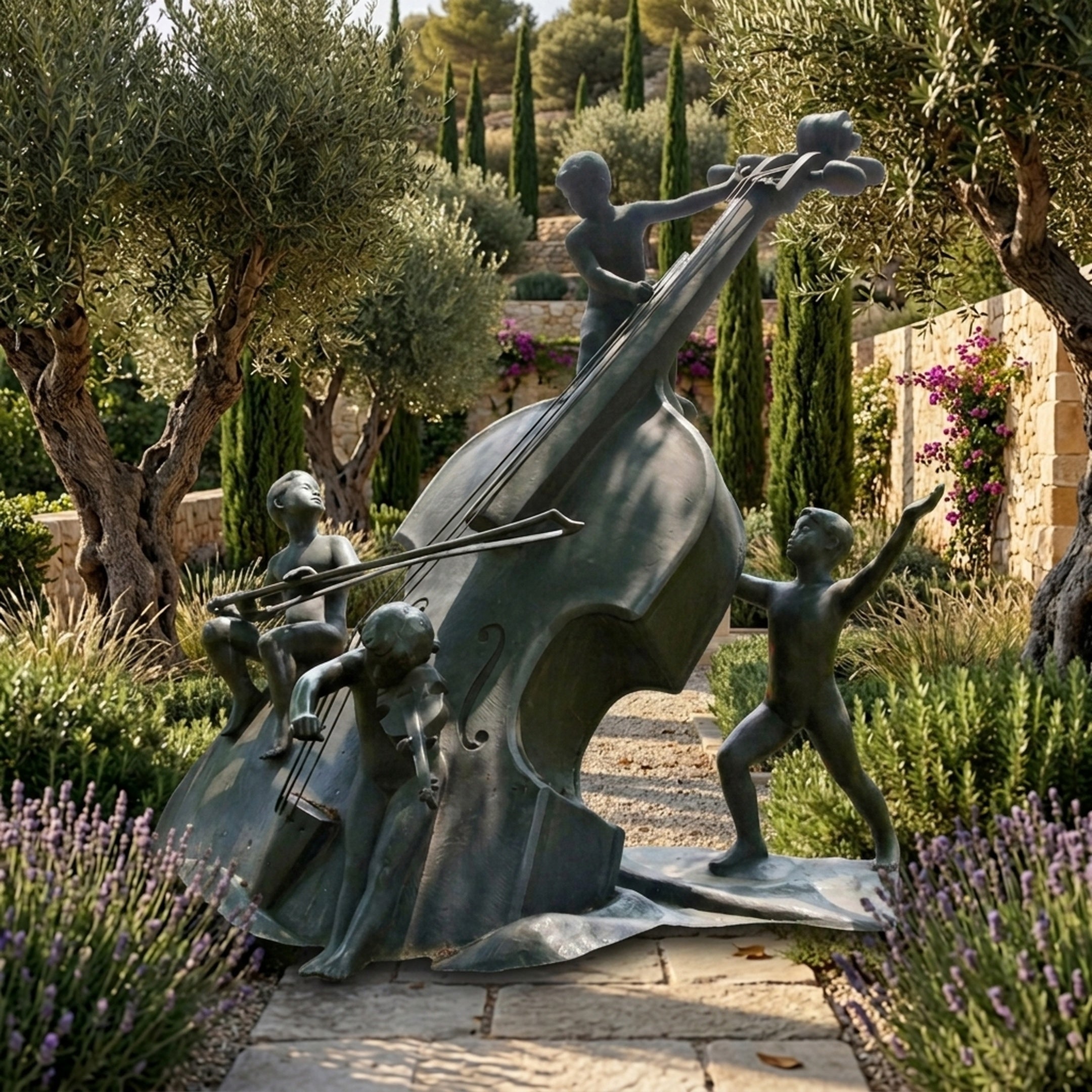 Monumental Contemporary Children with Double Bass Bronze Sculpture by Giant Sculptures, 220cm, in a Mediterranean garden with olive trees and lavender.
