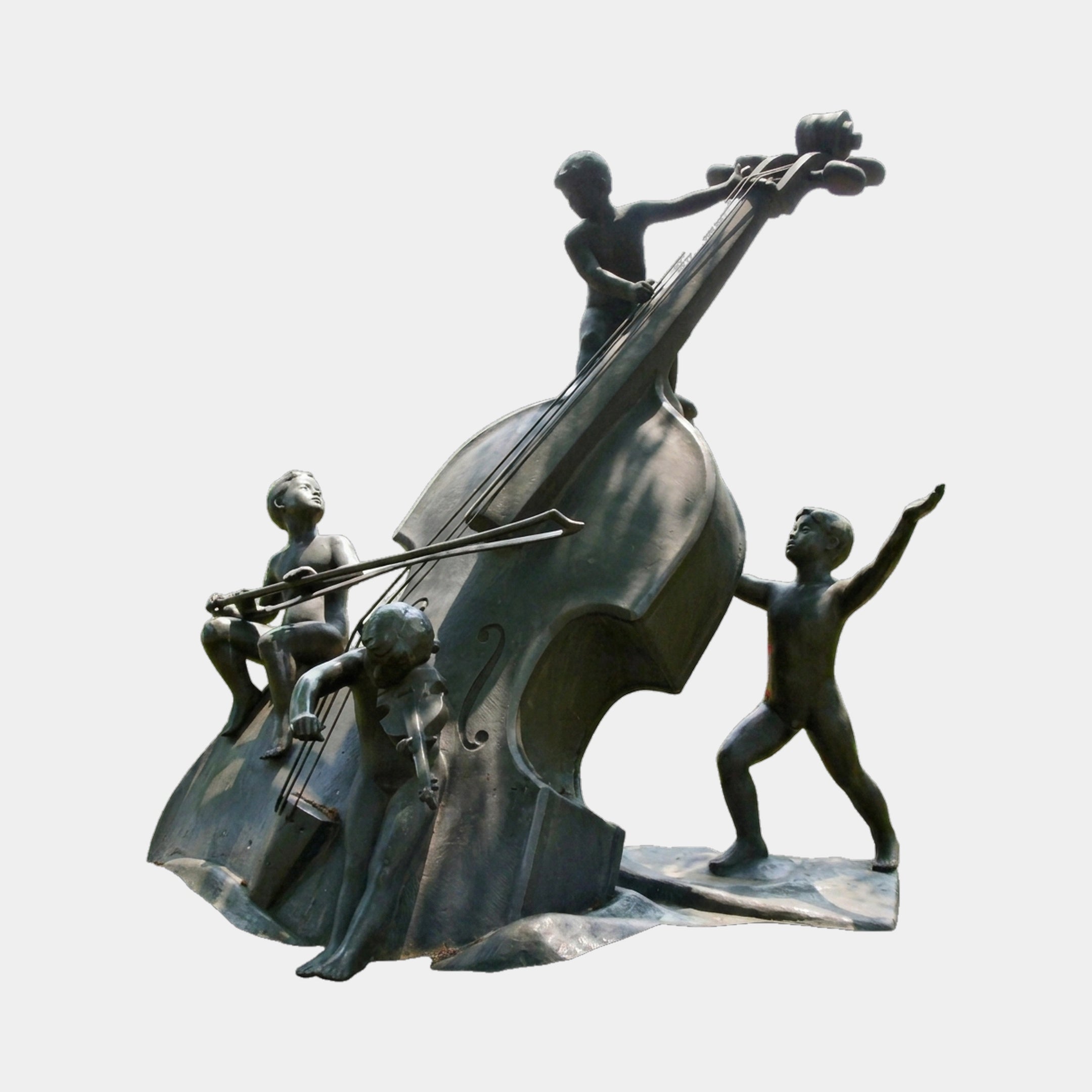 Giant Sculptures' Monumental Contemporary Children with Double Bass Bronze Sculpture, 220cm, with four cherubic figures around a tilted bass in dark patina.