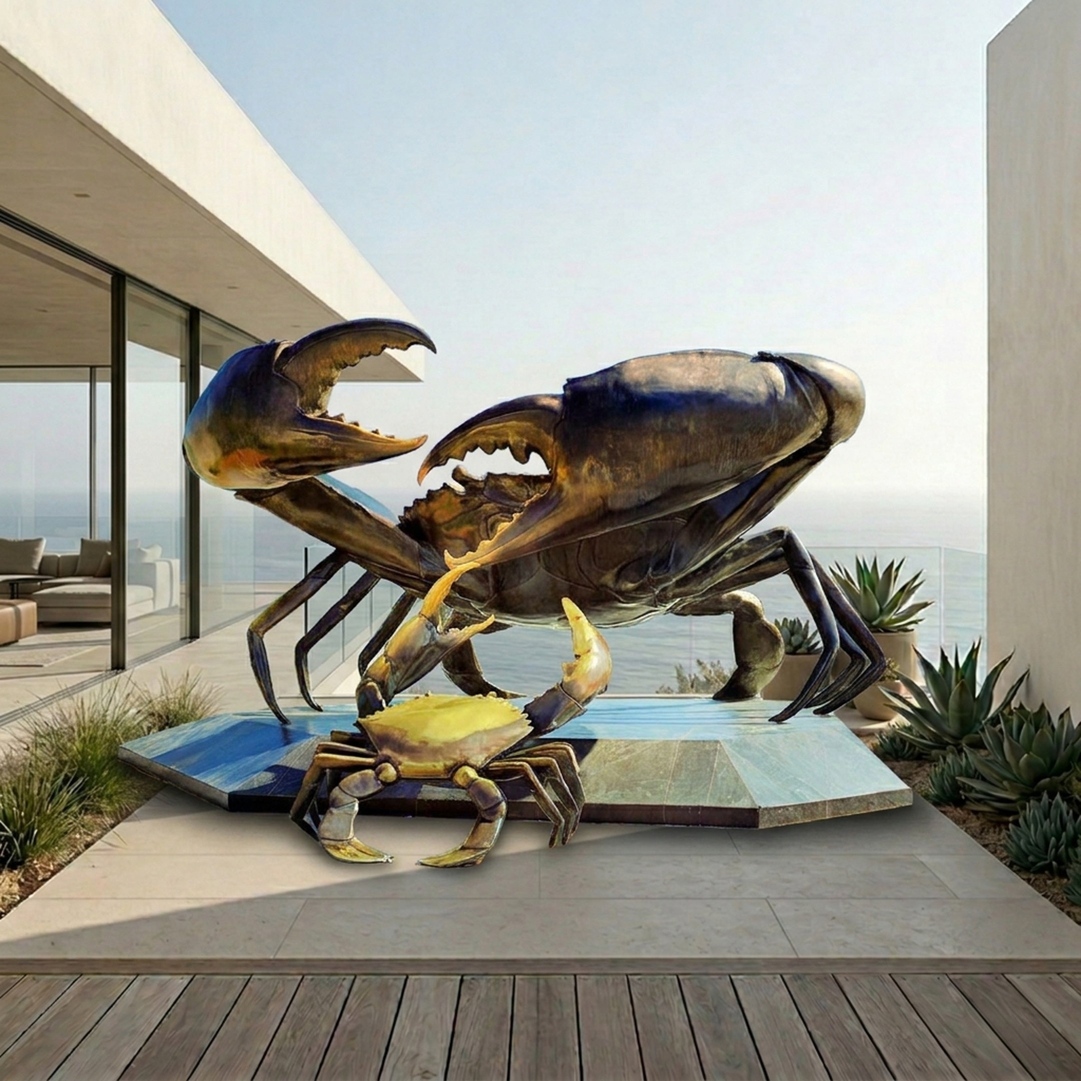 Monumental Contemporary Crab and Companion Bronze Sculpture by Giant Sculptures, 300cm dual-tone patina crab with raised claws and smaller crab on a terrace.