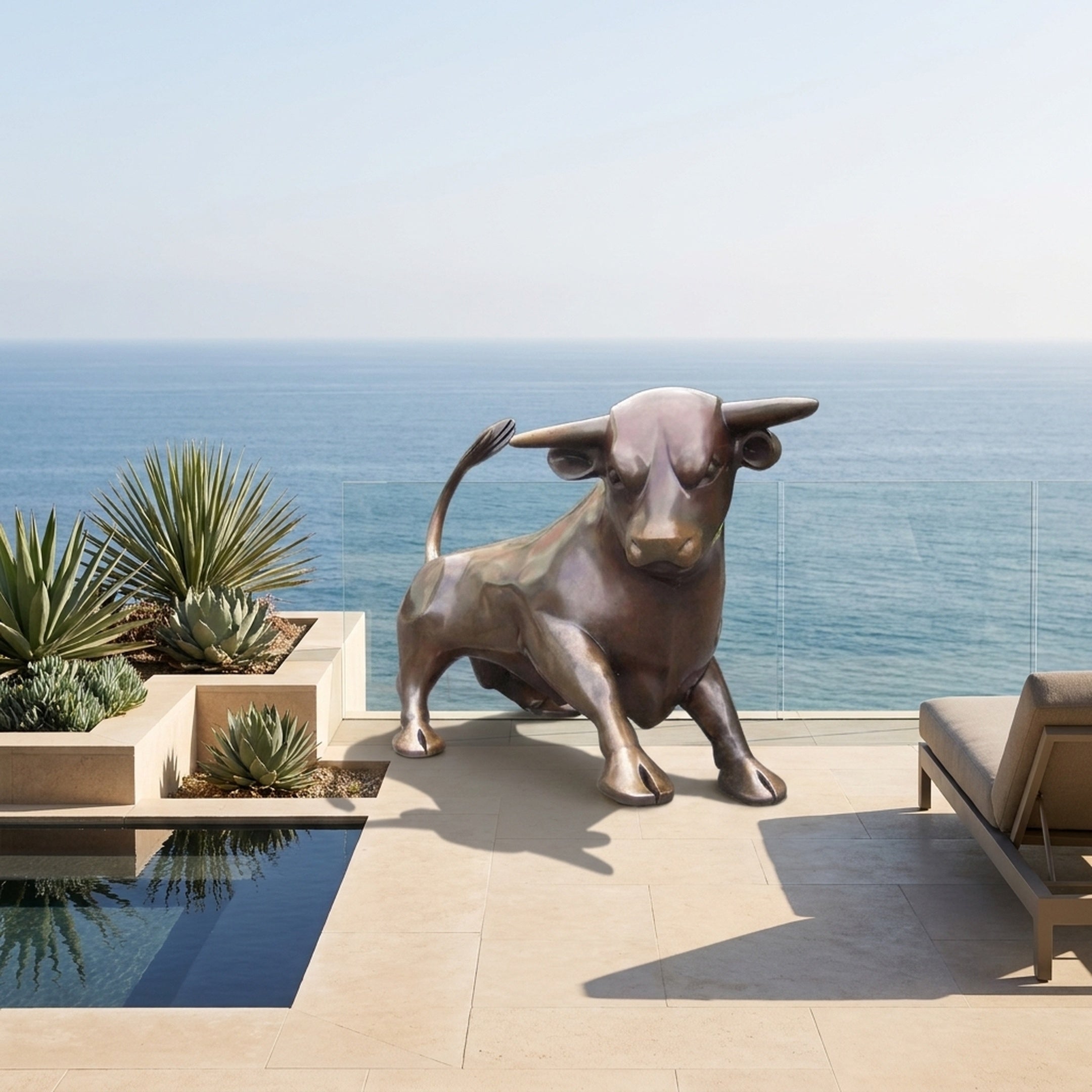 Monumental Contemporary Crouching Bull Bronze Sculpture by Giant Sculptures on an oceanfront terrace beside agave planters and a reflecting pool.