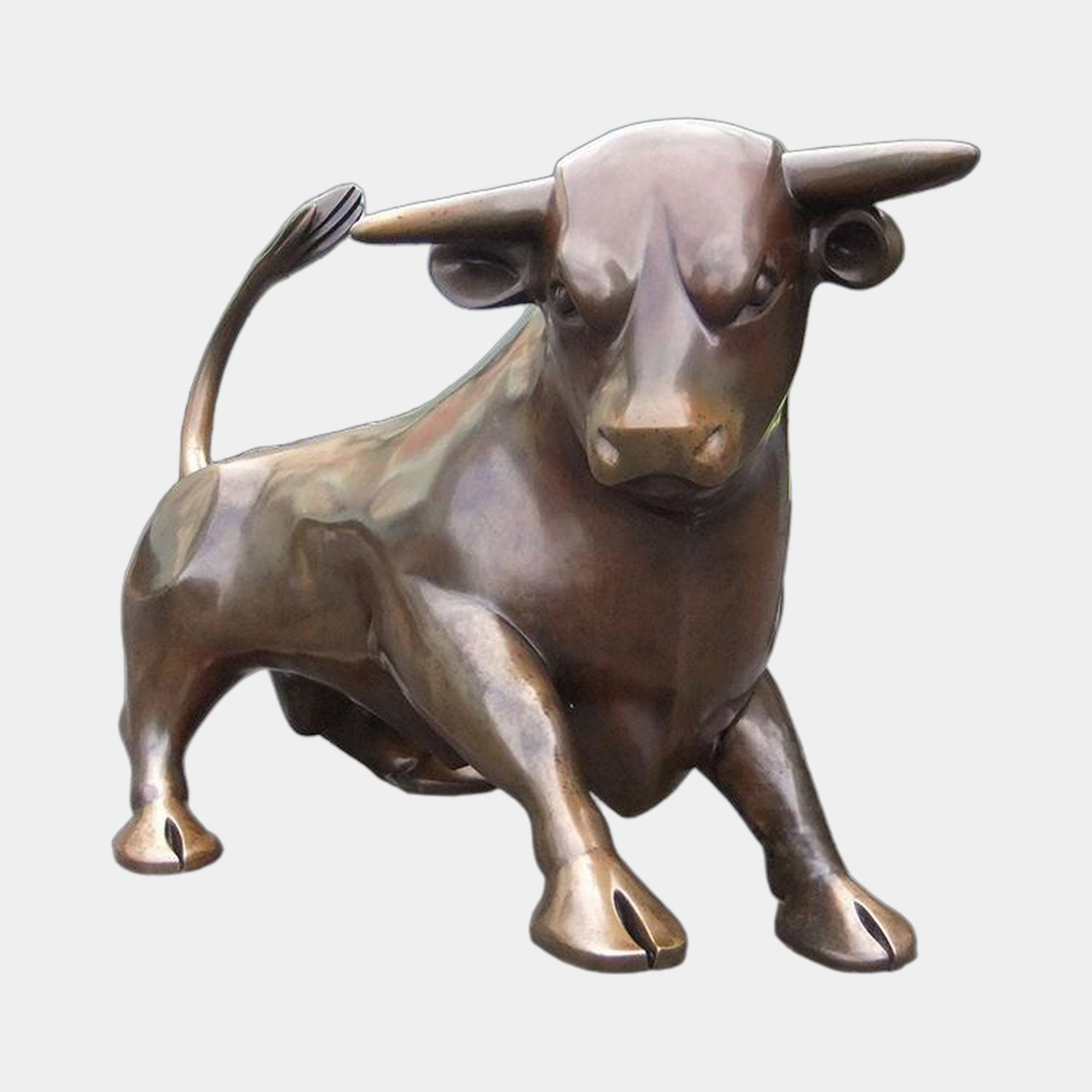 Monumental Contemporary Crouching Bull Bronze Sculpture by Giant Sculptures with warm brown patina, lowered horned head and bent forelegs, on plain background.