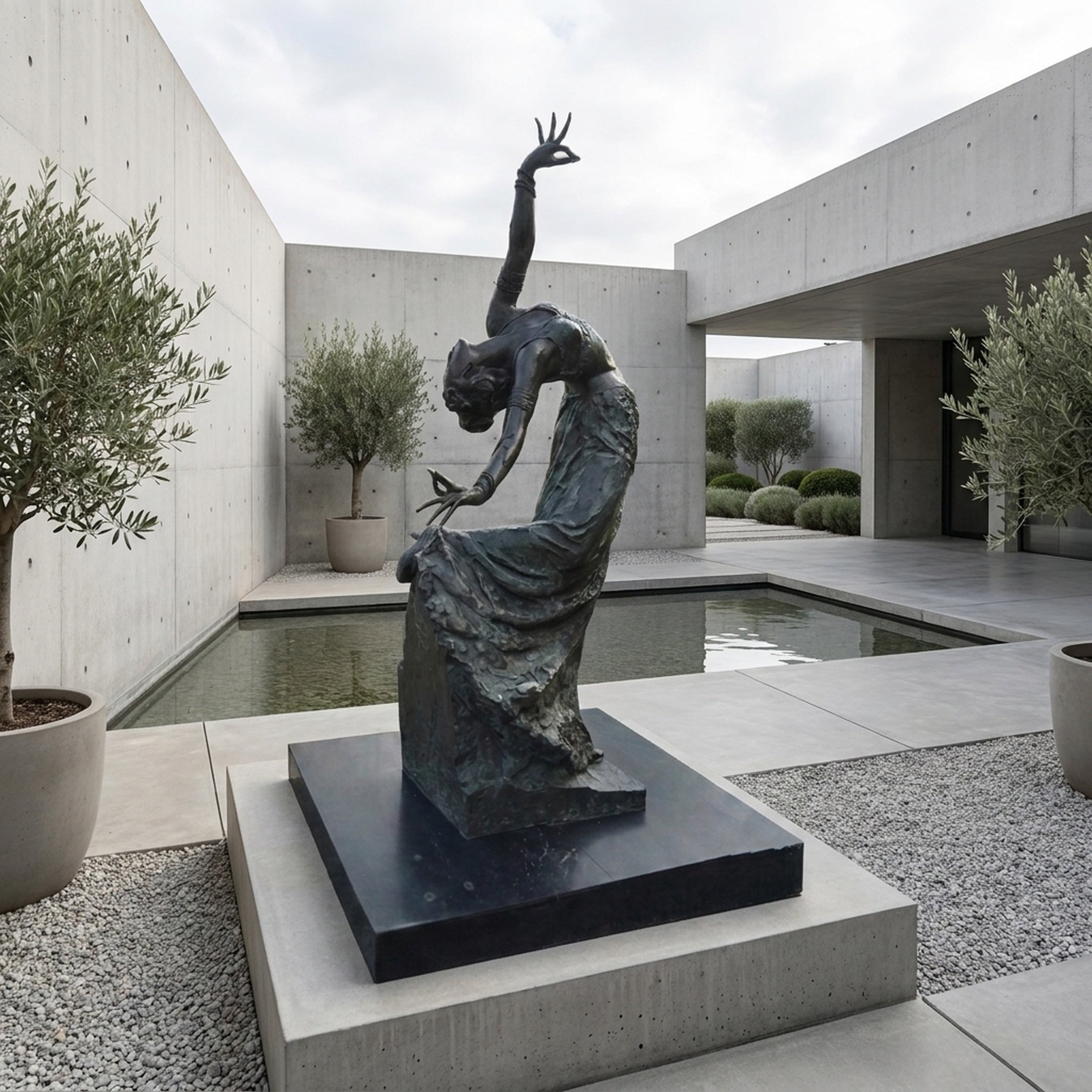 Monumental Contemporary Dancing Female Figure Bronze Sculpture by Giant Sculptures, arched backward with raised hand, on a granite plinth in a concrete courtyard.