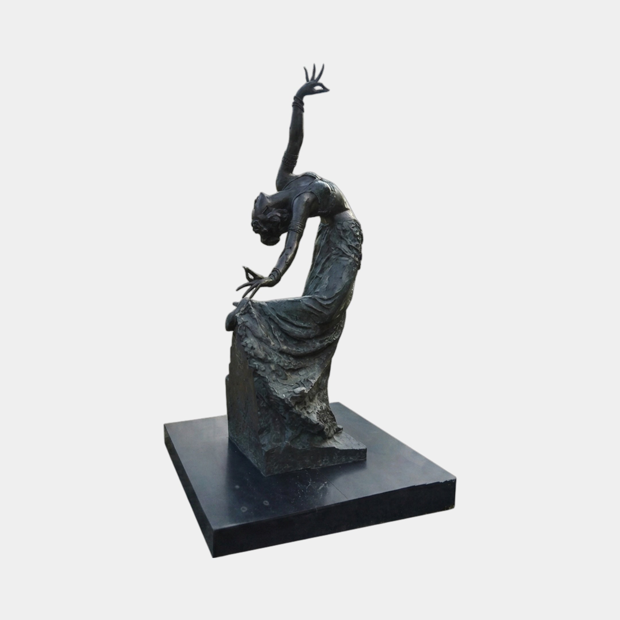 Monumental Contemporary Dancing Female Figure Bronze Sculpture by Giant Sculptures, 260cm, arched backward with one arm raised, on a dark granite plinth.
