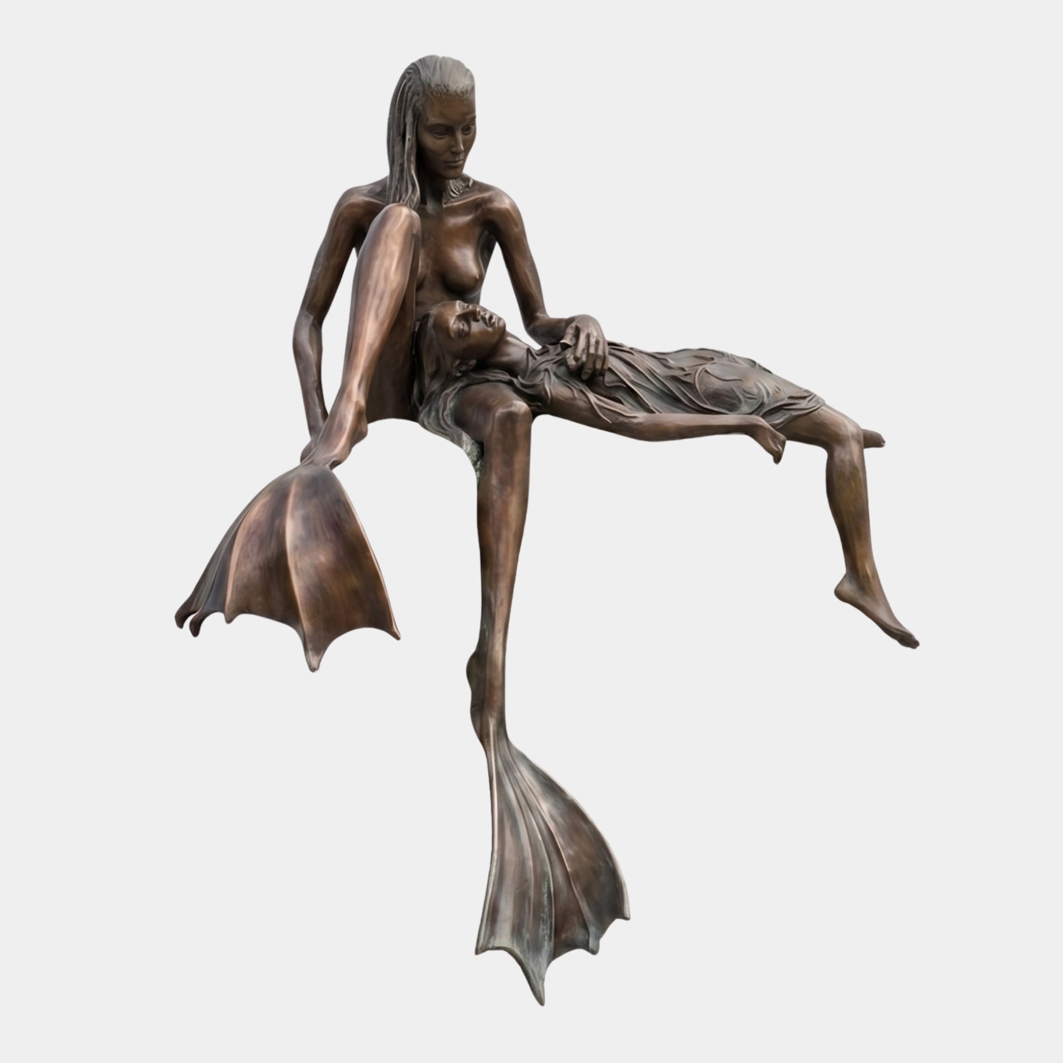 Giant Sculptures' Monumental Contemporary Dual Mermaid Bronze Fountain in warm brown patina, one mermaid seated upright cradling a reclining companion, shown on plain background.