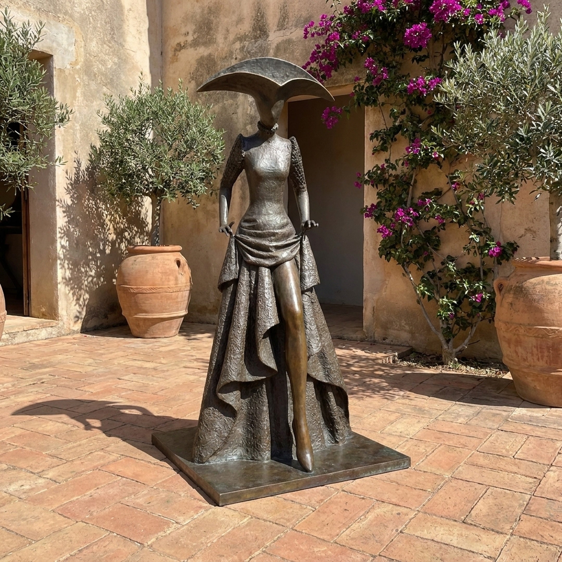 Monumental Contemporary Elongated Female Figure Bronze Sculpture by Giant Sculptures in dark patina, displayed in a Mediterranean courtyard with bougainvillea.