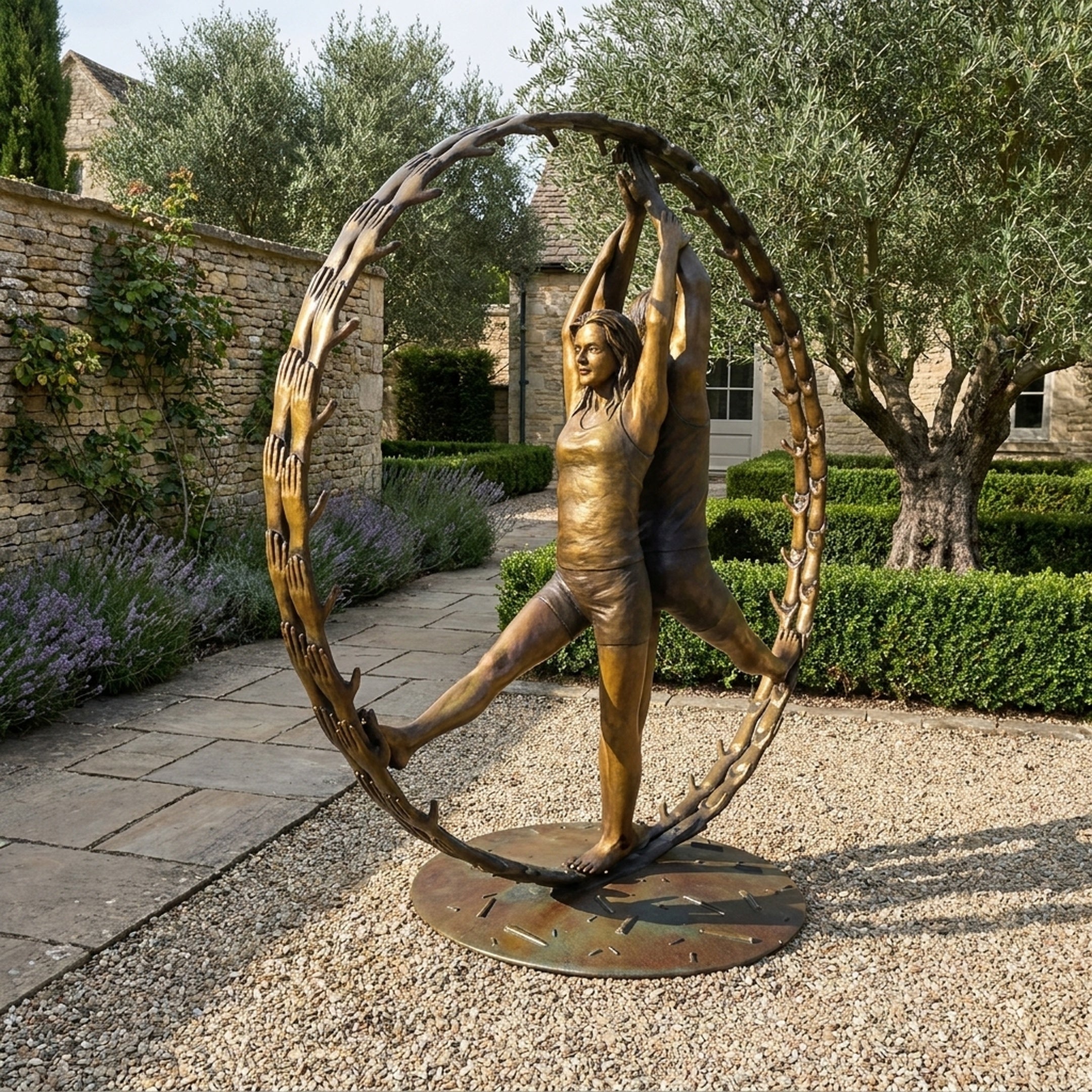 Giant Sculptures Monumental Female Figure and Ring of Hands Bronze Sculpture in a garden, arms raised gripping a hand-linked ring on a circular base.