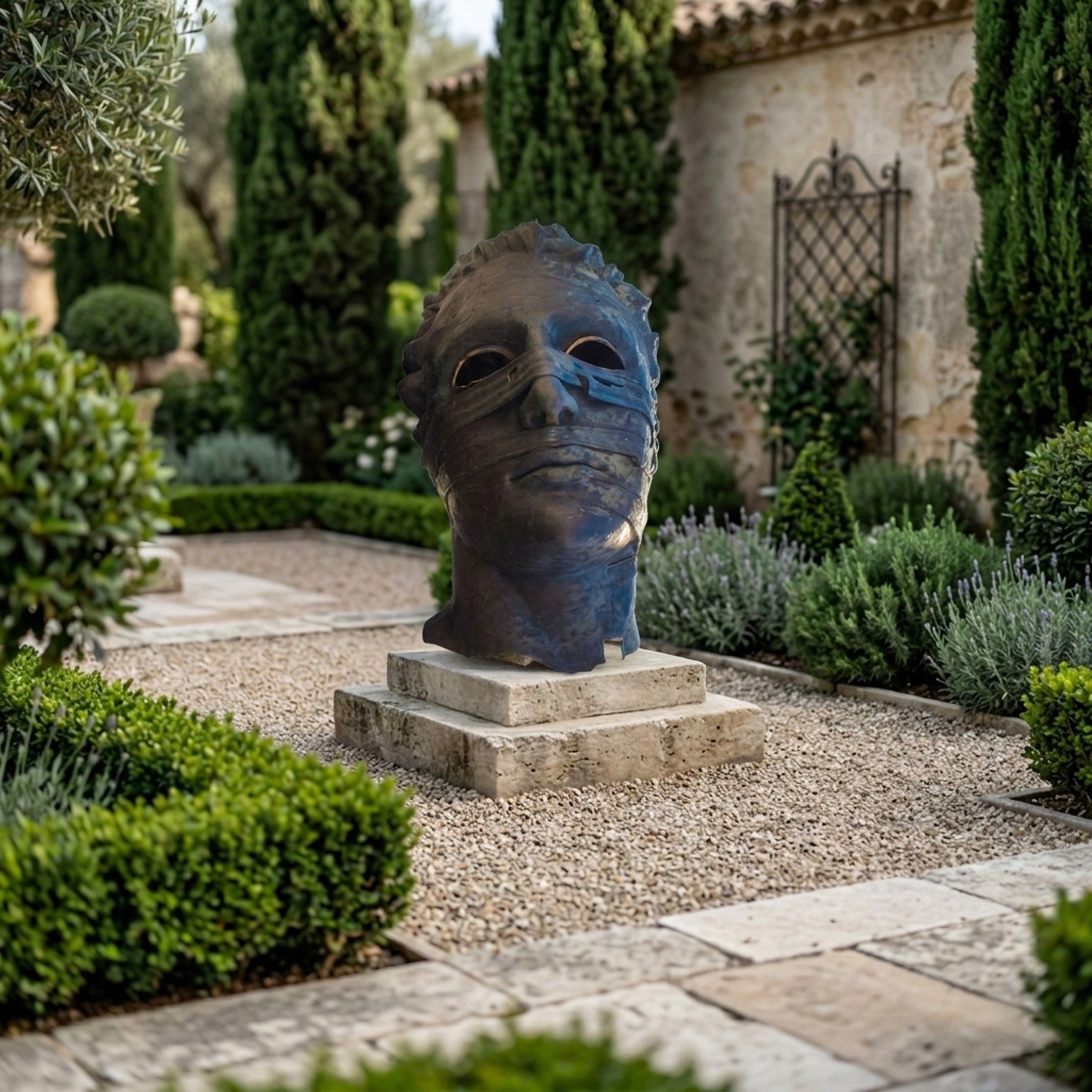 Monumental Contemporary Fragmented Head Bronze Sculpture by Giant Sculptures with dark patina and blue tones on a stone plinth in a Mediterranean garden.