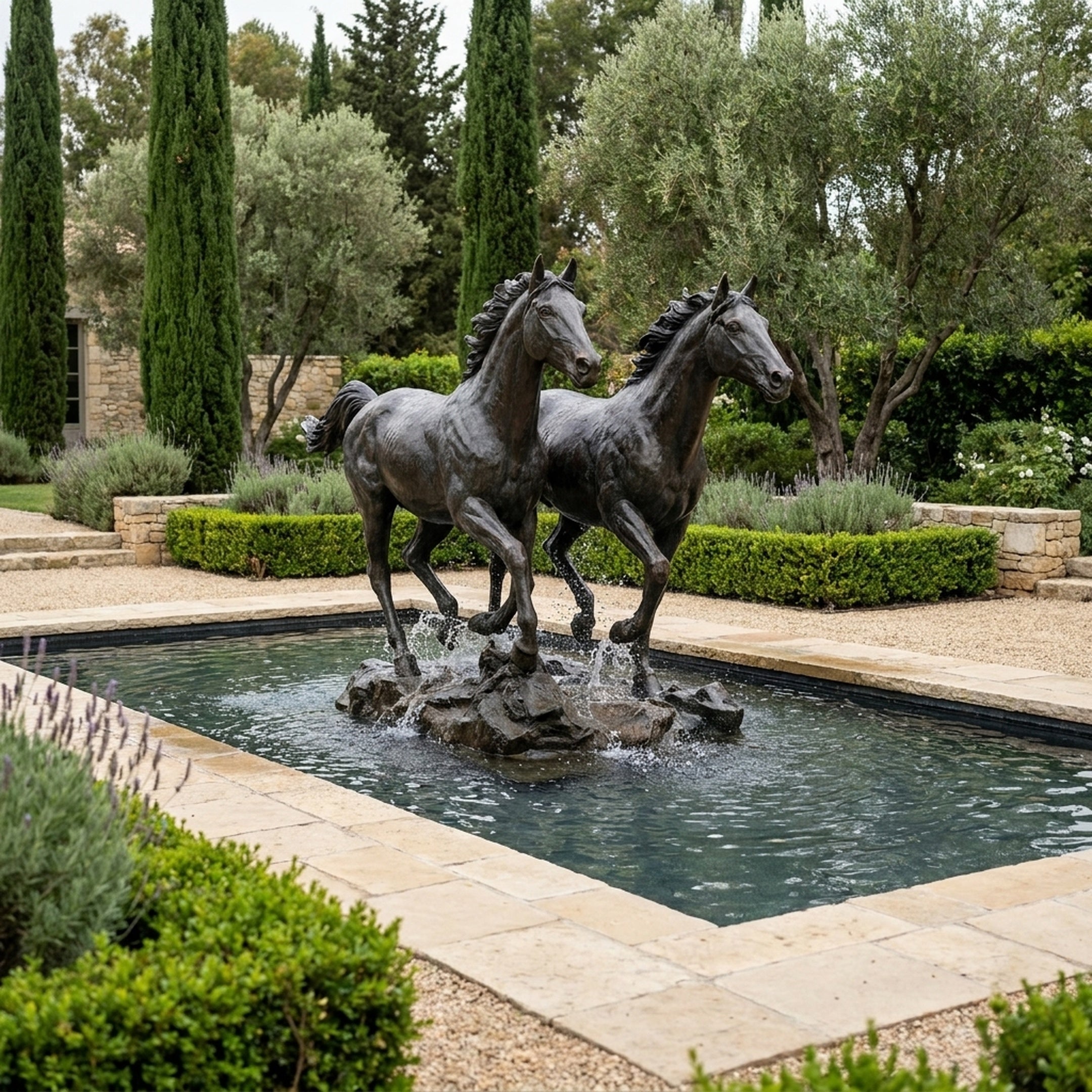 Monumental Contemporary Galloping Horses Bronze Fountain by Giant Sculptures, two dark patinated horses mid-stride on a rock base in a Mediterranean garden pool.