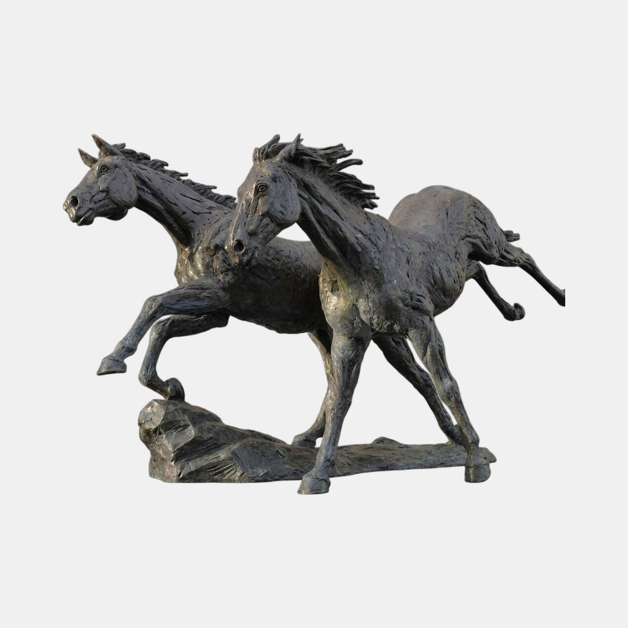 Monumental Contemporary Galloping Horses Bronze Fountain by Giant Sculptures, two dark-patinated horses charging side by side from a stone base, plain background.