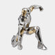 Giant Sculptures Monumental Contemporary Geometric Sprinting Figure in faceted mirror-polished silver and gold tones, mid-sprint pose, on a plain light background.