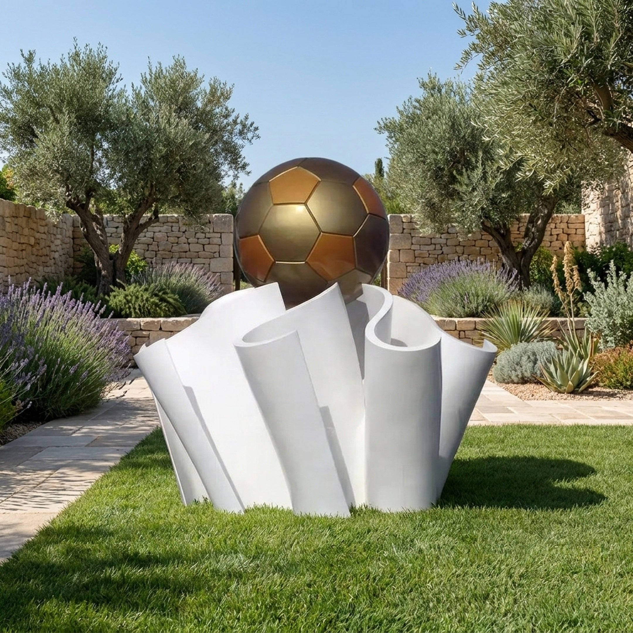 Giant Sculptures' Monumental Contemporary Gold Football Bronze Sculpture set on a lawn, with a polished gold ball atop a white scroll base among olive trees and lavender.
