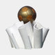 Giant Sculptures Monumental Contemporary Gold Football Bronze Sculpture 400cm, polished gold sphere atop a white scrolling ribbon base, plain light background.