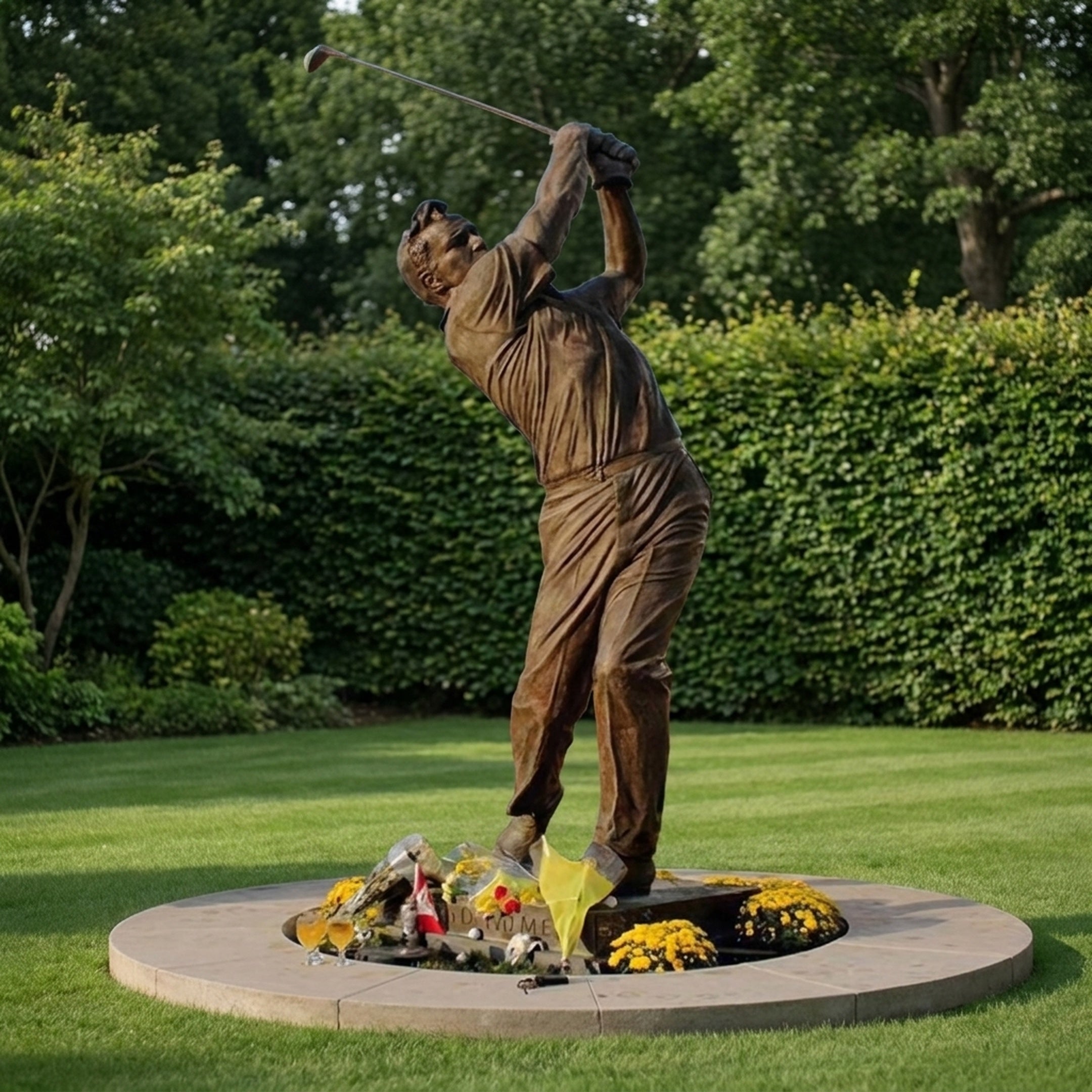 Giant Sculptures Monumental Contemporary Golfer Bronze Sculpture 310cm shown mid follow-through on a pale stone circular plinth with floral tributes, set on a lawn.