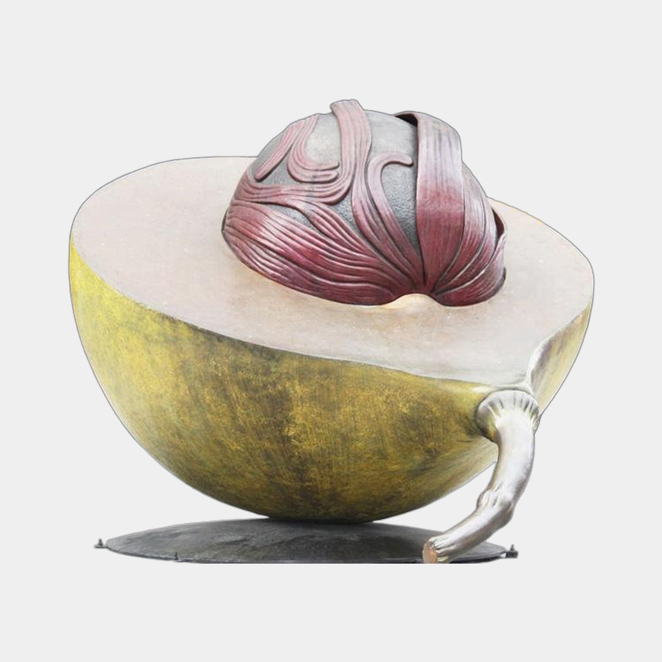 Monumental Contemporary Halved Avocado Bronze Sculpture by Giant Sculptures, 220cm, with olive-gold shell, burgundy seed, and silver stem on a plain background.