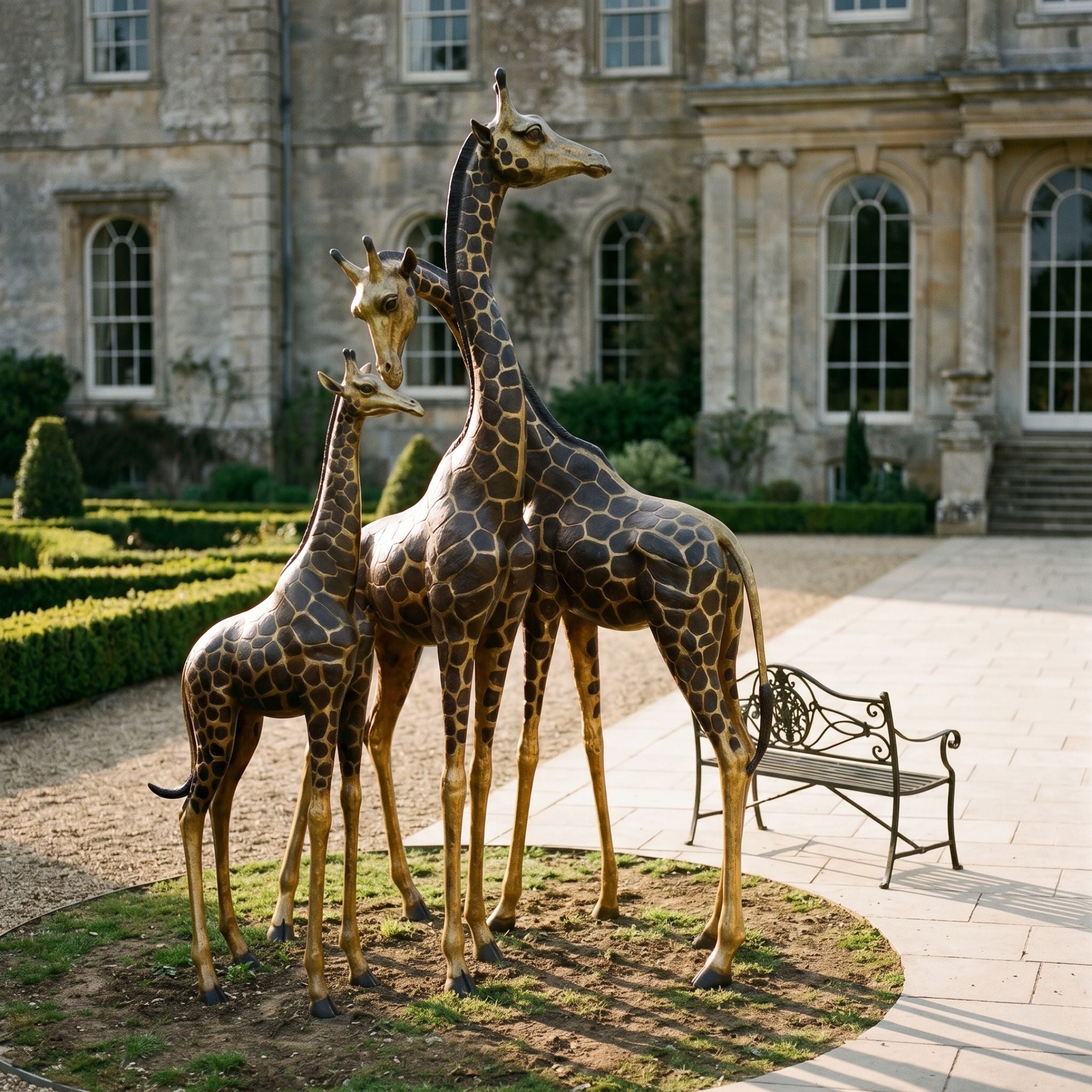 Monumental Contemporary Herd of Six Giraffes Bronze Sculpture by Giant Sculptures, dark and gold patina figures grouped on a lawn outside a stone manor.