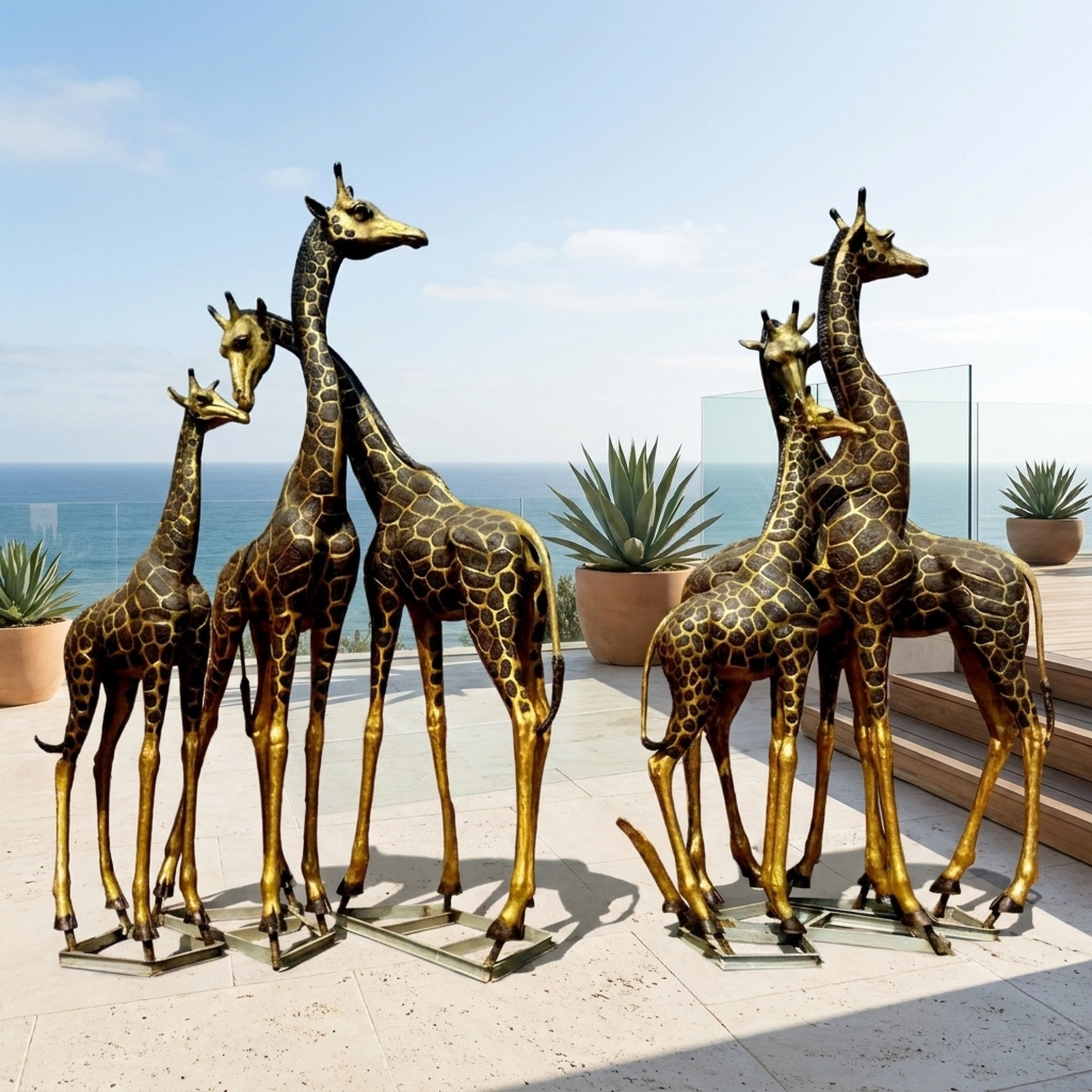 Monumental Herd of Six Giraffes Bronze Sculpture by Giant Sculptures, arranged in two groups of three on steel bases on a seaside terrace with potted agaves.