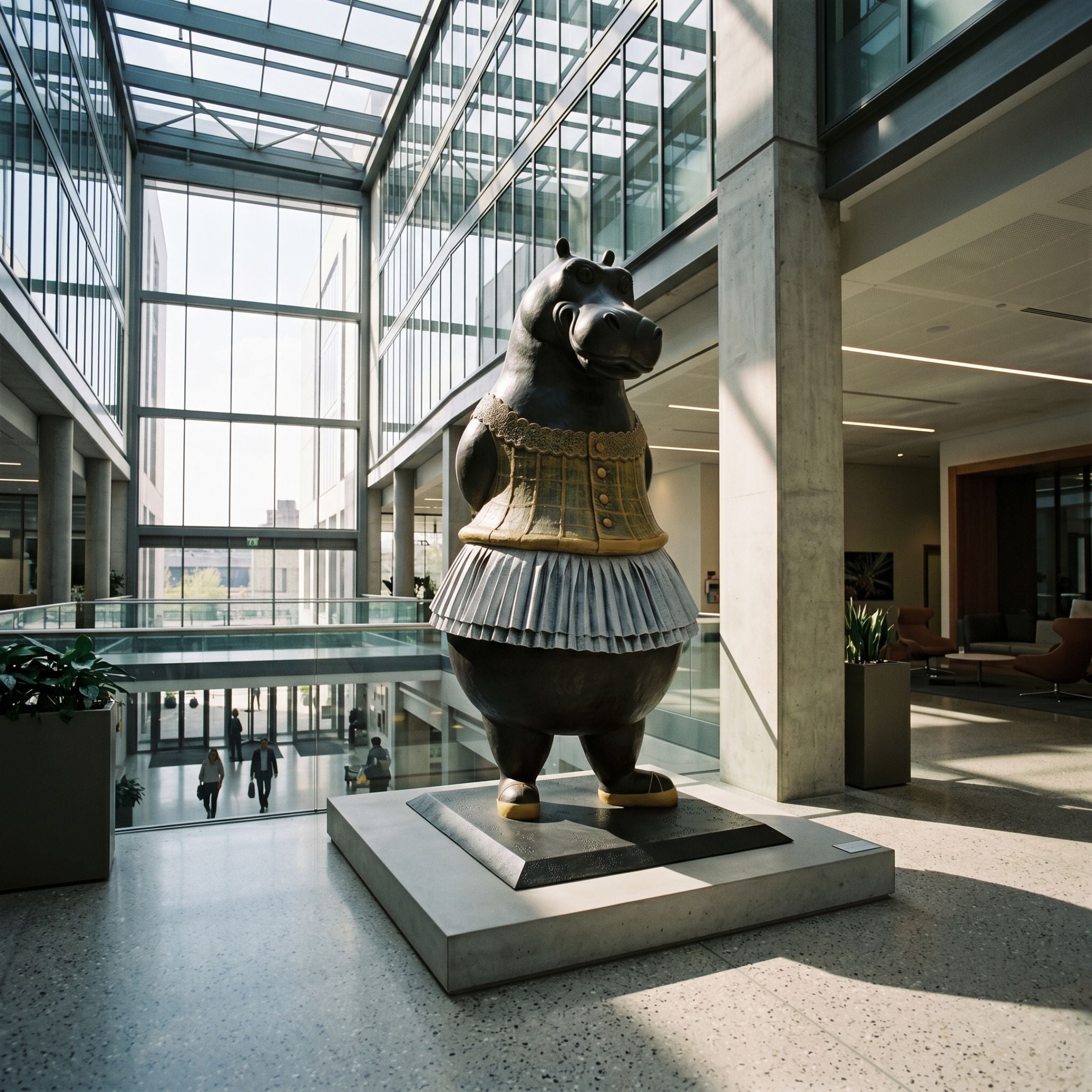 Monumental Contemporary Hippopotamus Ballerina Bronze Sculpture by Giant Sculptures displayed on a low plinth in a sunlit glass-walled atrium.