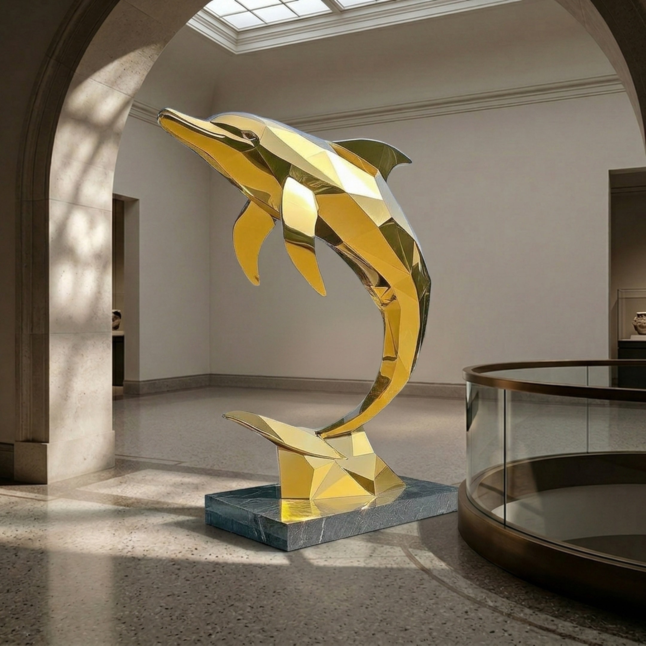 Monumental Contemporary Leaping Dolphin Bronze Sculpture by Giant Sculptures in mirror-polished gold, low-poly faceted form on a dark plinth in a museum hall.