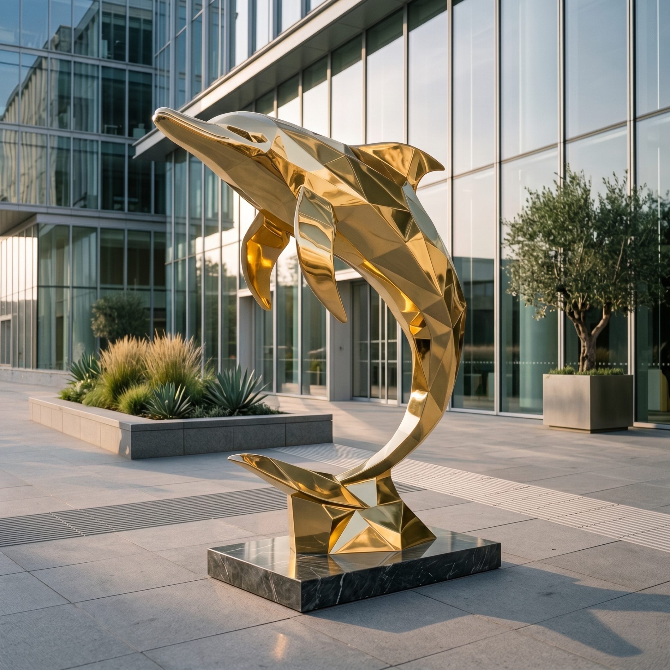 Monumental Contemporary Leaping Dolphin Bronze Sculpture in mirror-polished gold with low-poly faceting on a dark granite plinth outside a glass office building.
