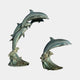 Monumental Contemporary Leaping Dolphins Bronze Fountain by Giant Sculptures, blue-grey patina pod arcing from wave base beside a single leaping dolphin.