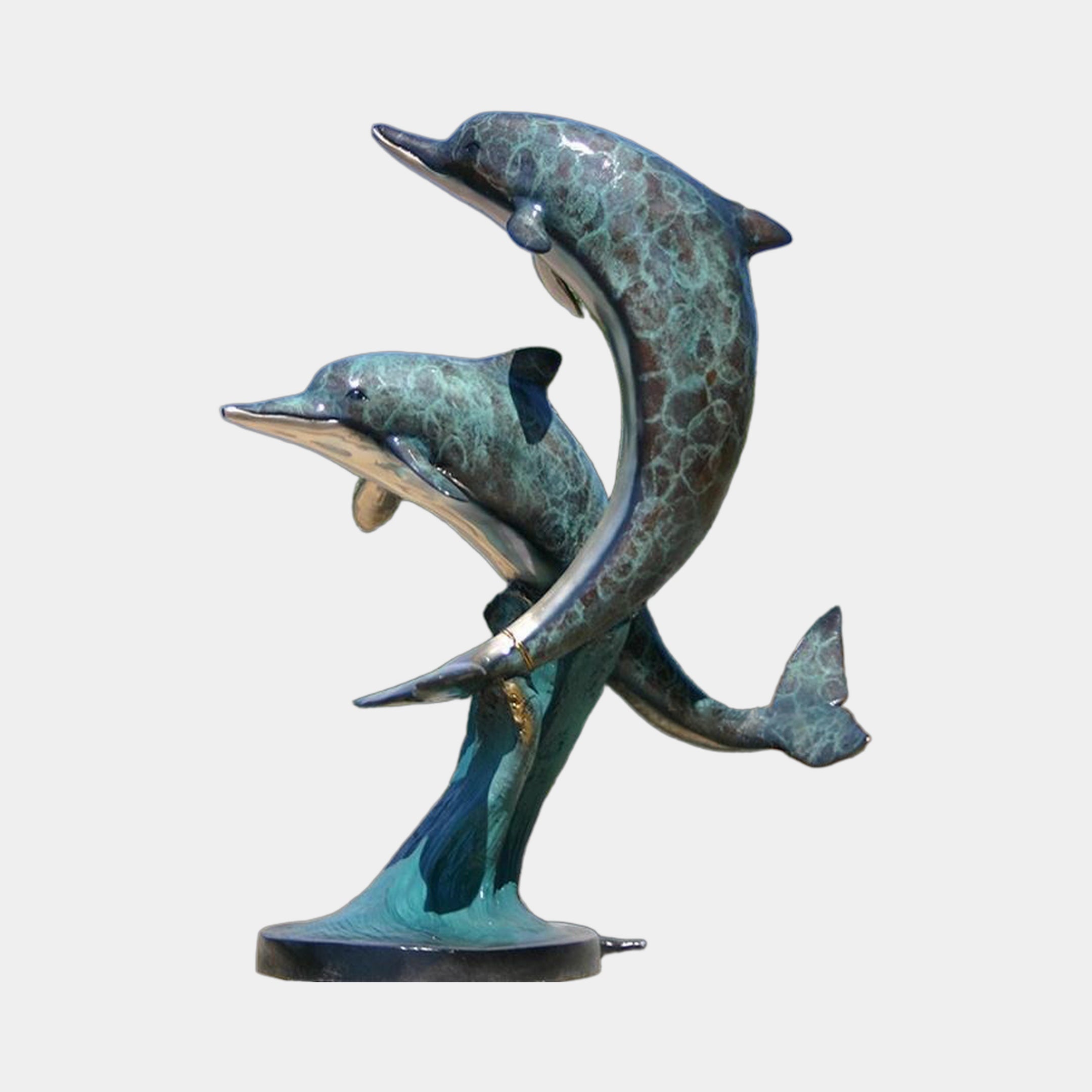 Giant Sculptures' 280cm Monumental Contemporary Leaping Dolphins Bronze Sculpture with verdigris and teal patina, two dolphins crossed mid-leap on a wave base.