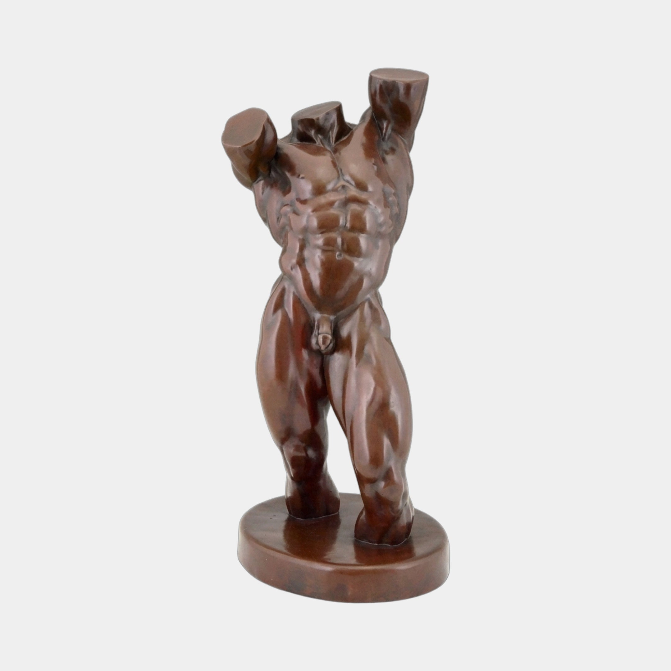 Monumental Contemporary Male Torso Bronze Sculpture by Giant Sculptures, headless and limbless muscular figure with warm brown patina on a round base.