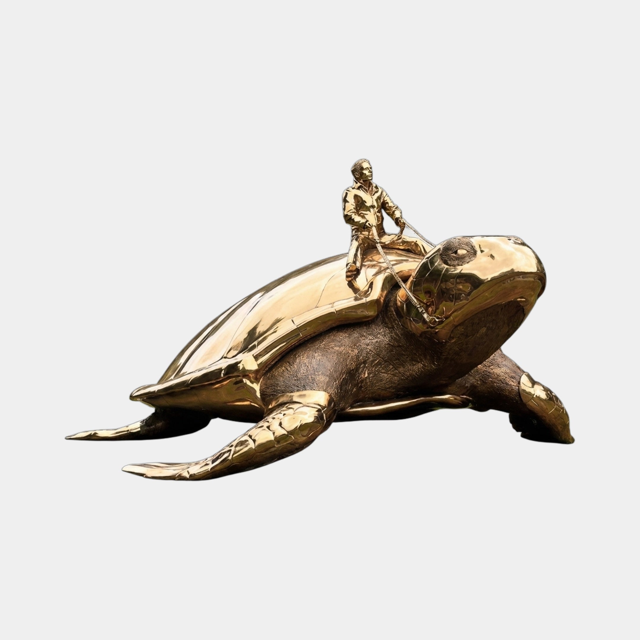 Monumental Contemporary Man Riding Sea Turtle Bronze Sculpture by Giant Sculptures with polished gold shell and dark patinated body, shown on a plain background.