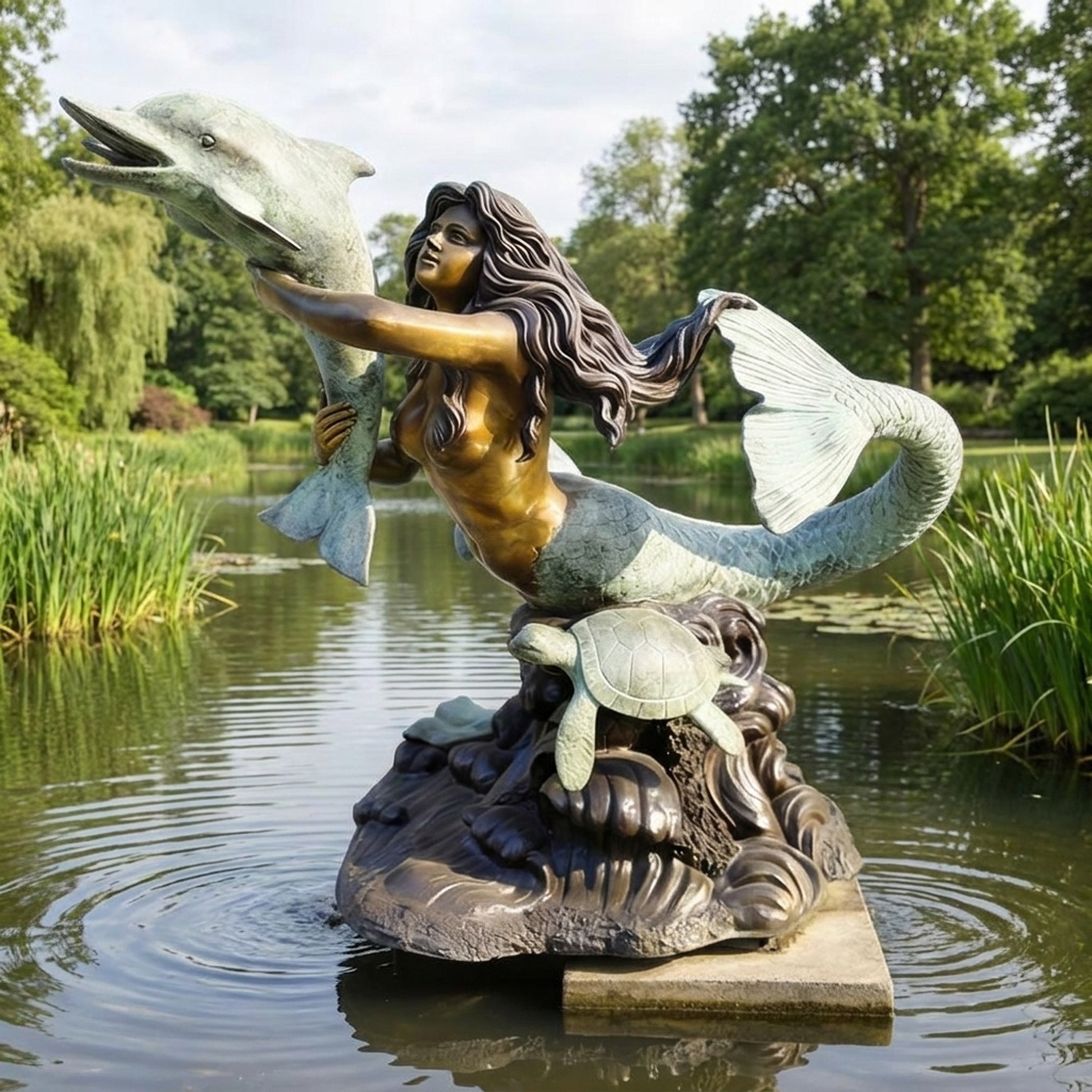 Giant Sculptures Monumental Contemporary Mermaid with Dolphin and Turtle Bronze Sculpture 250cm, multi-patina figure on a wave base beside a pond.