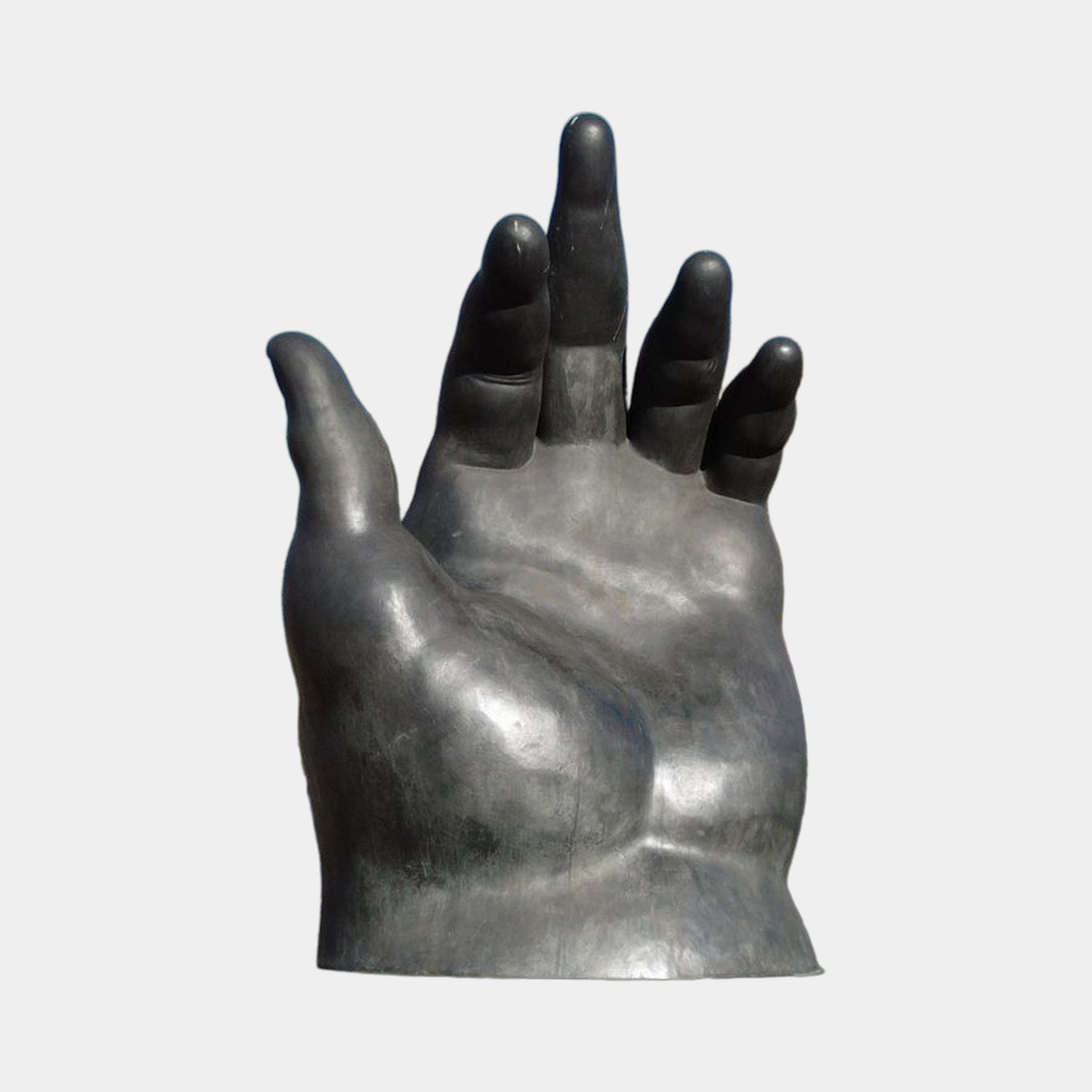 Monumental Contemporary Open Hand Bronze Sculpture by Giant Sculptures, palm facing outward with fingers splayed, near-black patina, shown on a plain background.