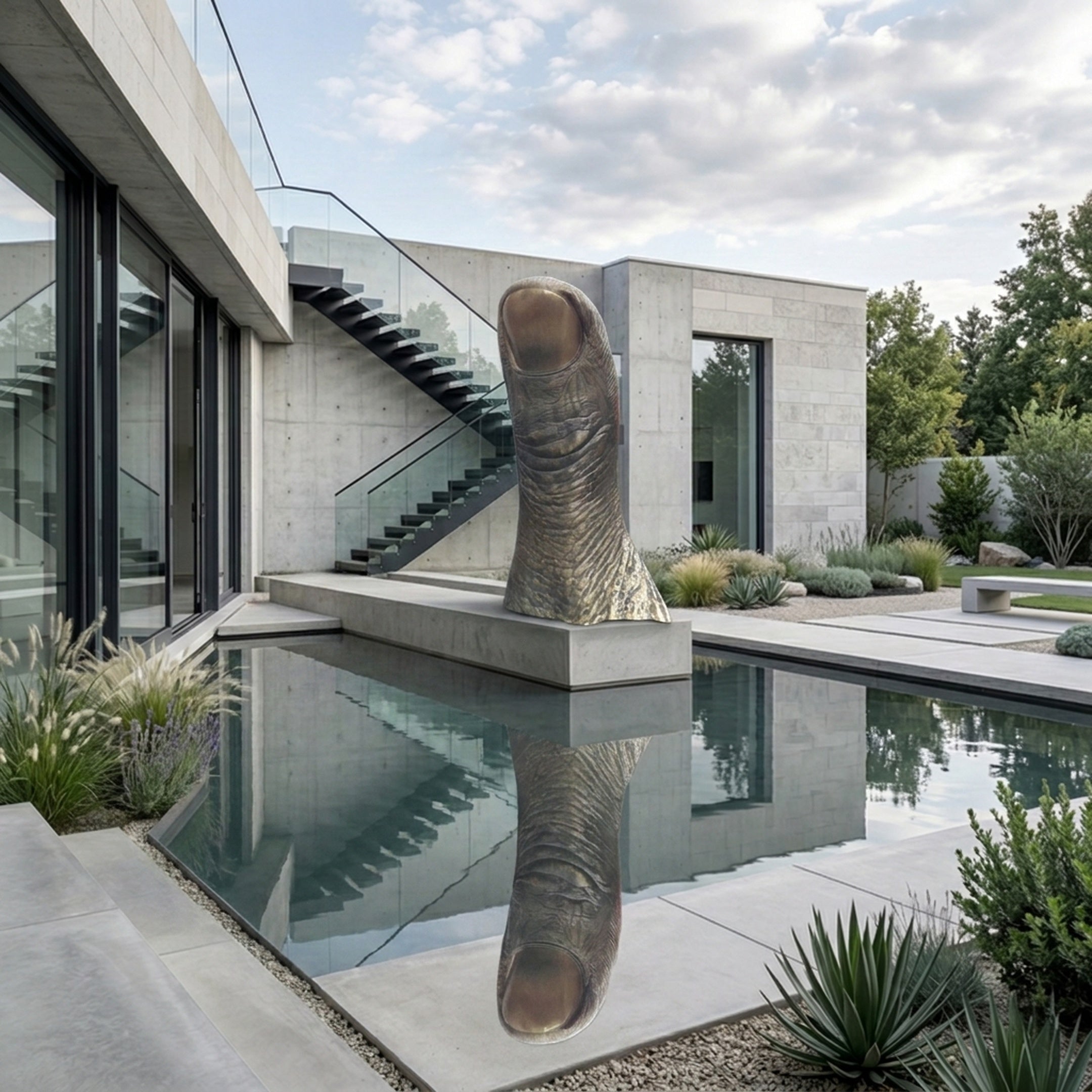 Giant Sculptures' 250cm Monumental Contemporary Oversized Human Thumb Bronze Sculpture displayed upright on a concrete plinth above a reflecting pool in a modern courtyard.