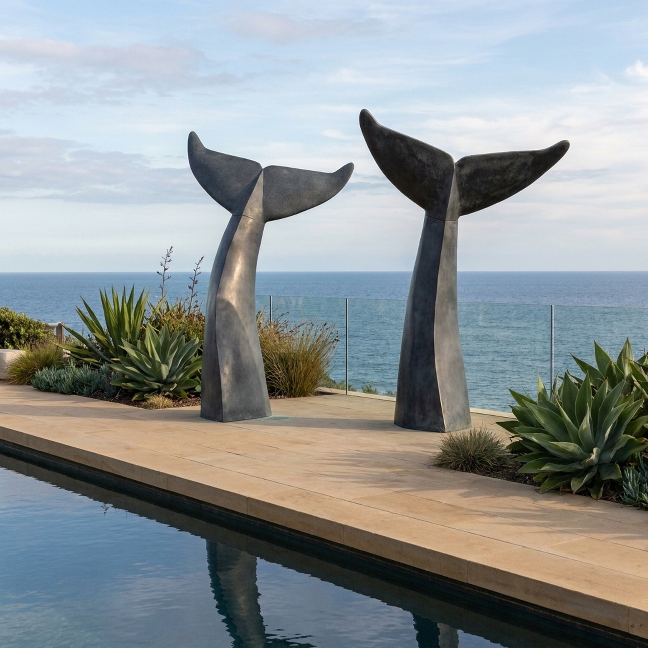 Giant Sculptures Monumental Paired Whale Tail Bronze Sculpture in near-black patina, displayed beside a pool with agaves and ocean views beyond.