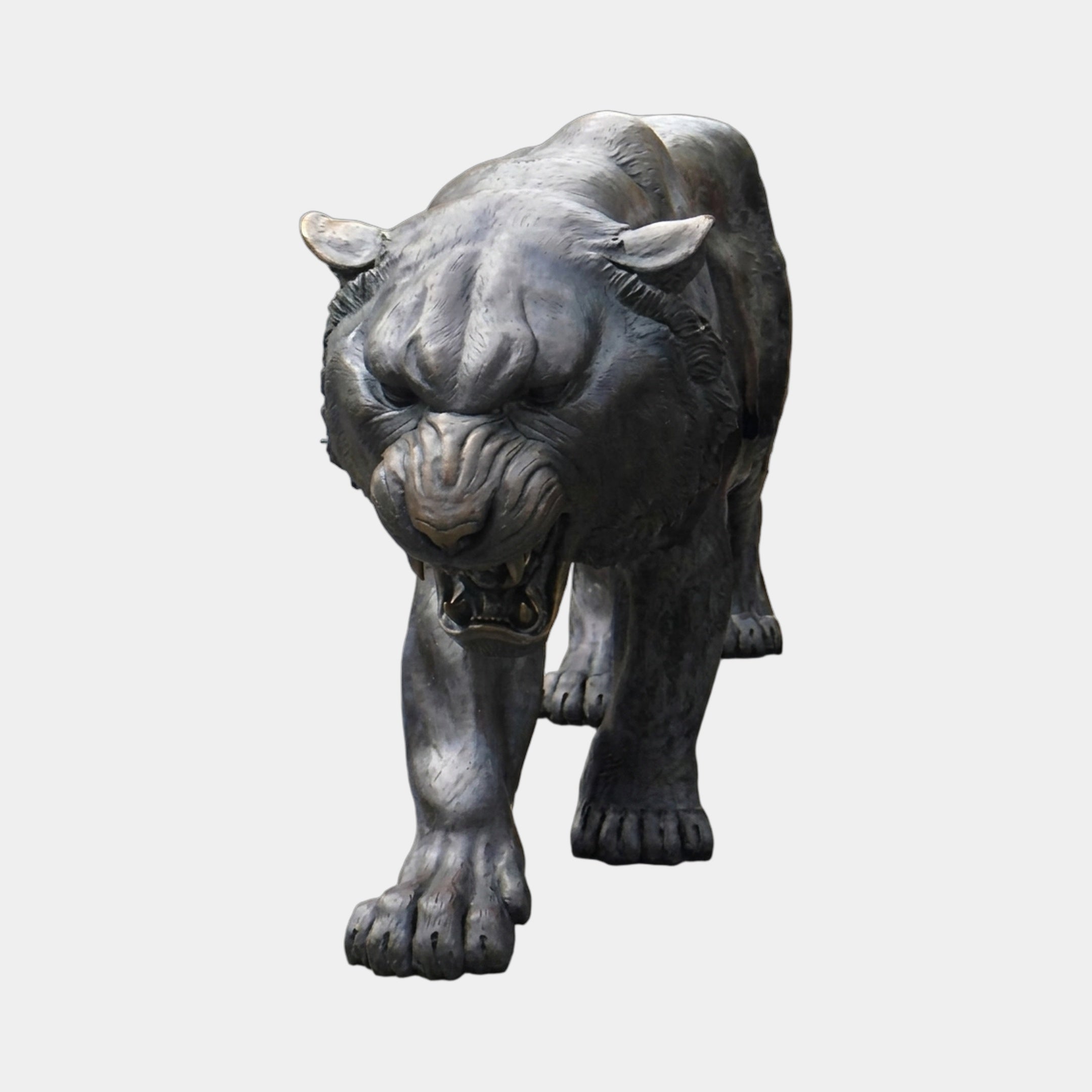 Giant Sculptures Monumental Contemporary Prowling Tiger Bronze Sculpture 220cm, front view of the snarling tiger mid-stalk with dark grey-black patina.