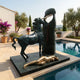 Giant Sculptures' 300cm Monumental Contemporary Rearing Horse and Recumbent Figure Bronze beside a pool, verdigris horse and column with gold nude figure on granite.
