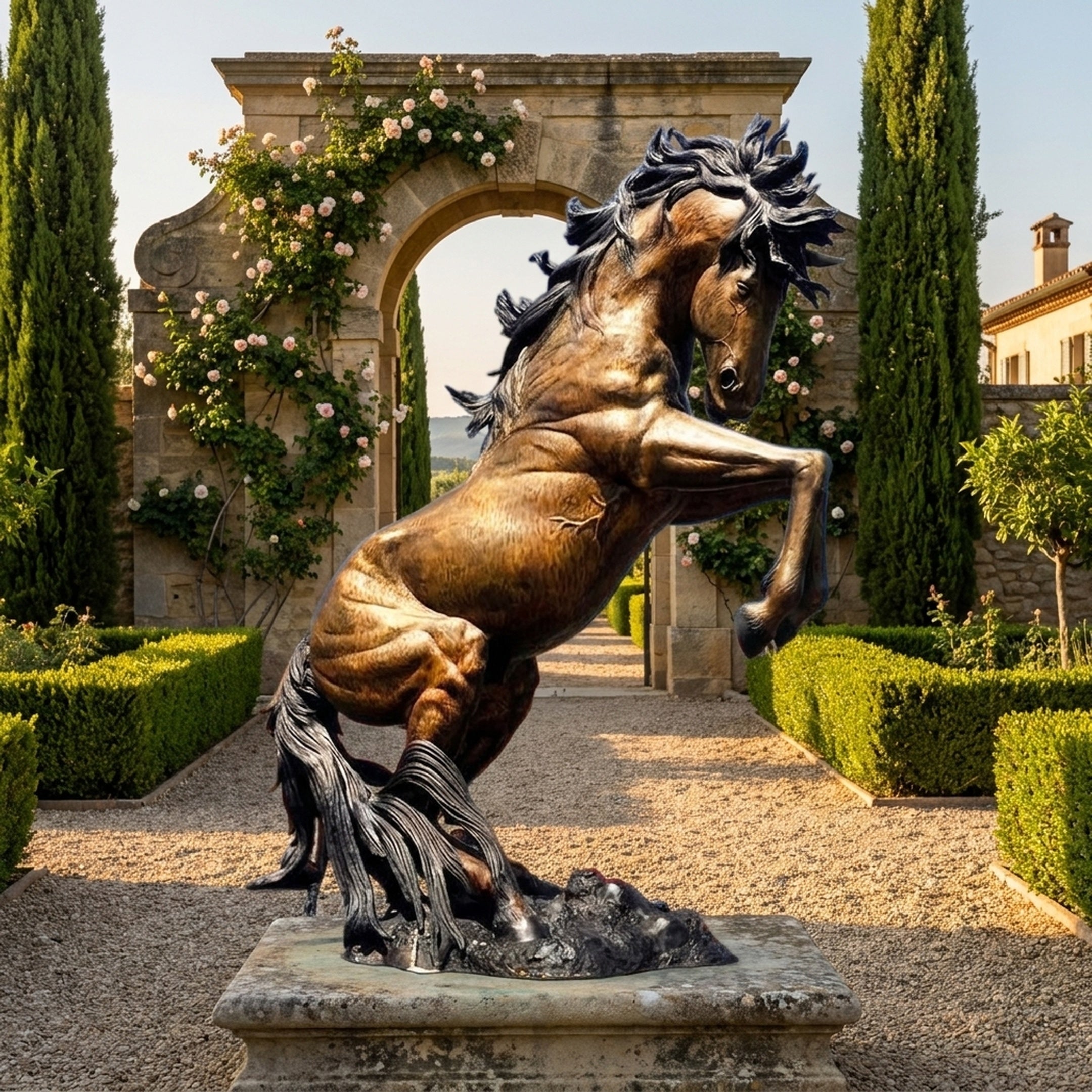 Monumental Contemporary Rearing Horse Bronze Sculpture by Giant Sculptures, golden-brown patina with flowing dark mane, displayed in a cypress-lined garden archway.