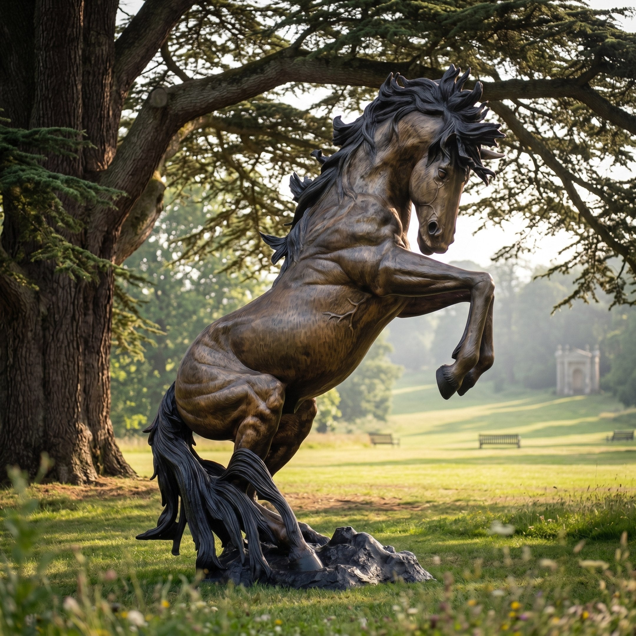 Monumental Contemporary Rearing Horse Bronze Sculpture 650cm by Giant Sculptures, golden-brown patina with flowing mane, on a rocky base beneath a parkland tree.
