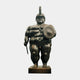 Monumental Contemporary Rotund Armoured Warrior Bronze Sculpture by Giant Sculptures, front view with crested helmet, round shield, and staff, on a plain background.