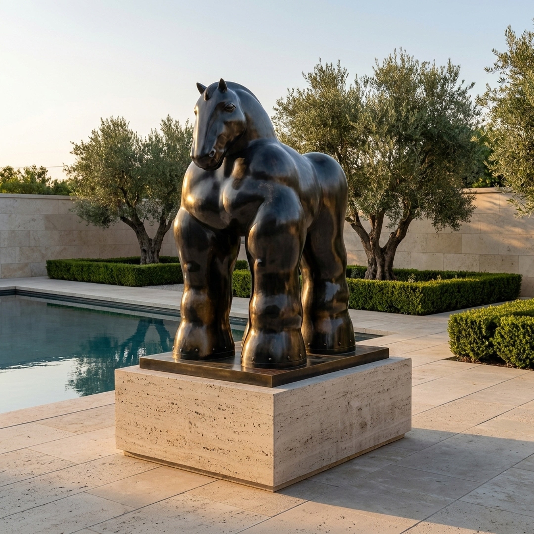 Monumental Contemporary Rotund Horse Bronze Sculpture by Giant Sculptures on a low travertine plinth beside a pool, framed by olive trees and clipped hedges.