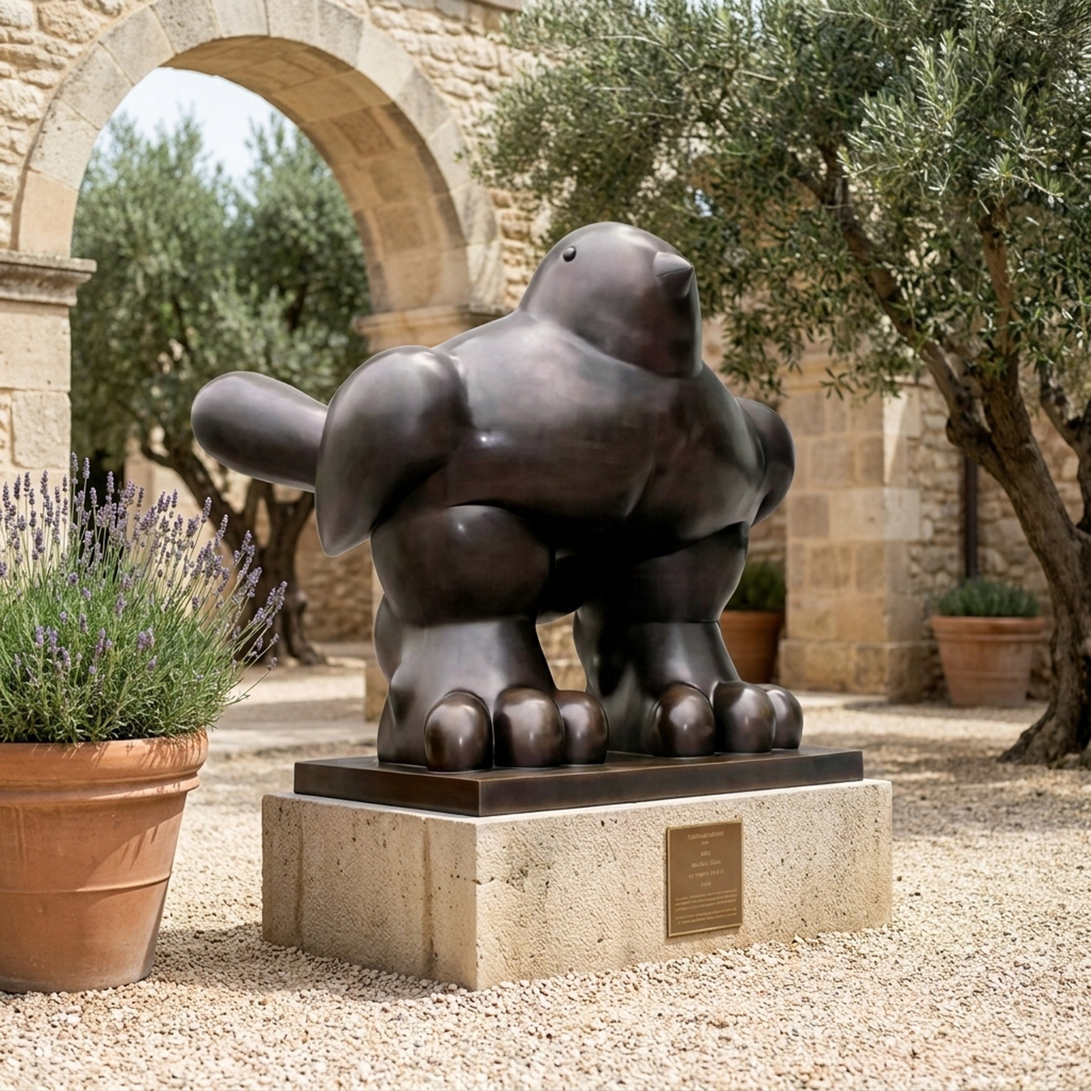 Monumental Contemporary Rotund Pigeon Bronze Sculpture by Giant Sculptures, dark patina finish on a stone plinth in a Mediterranean courtyard with olive trees.