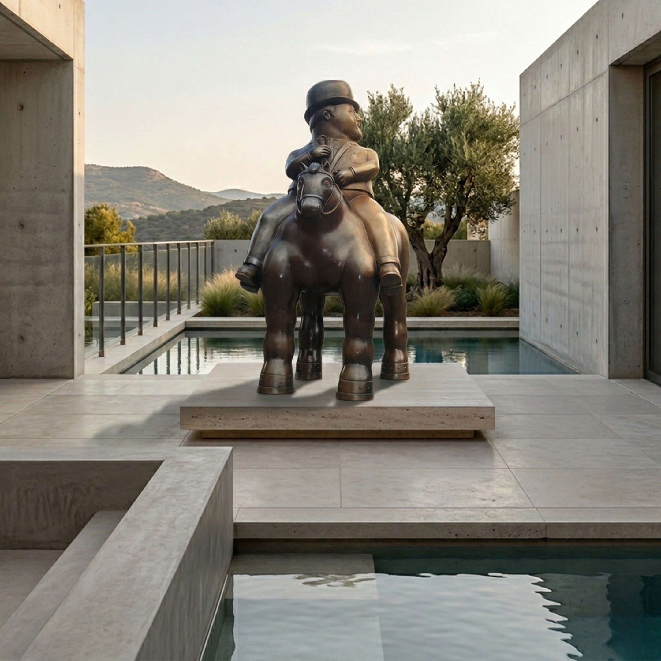 Monumental Contemporary Rotund Rider and Horse Bronze Sculpture by Giant Sculptures on a travertine plinth beside a concrete poolside terrace with hillside views.