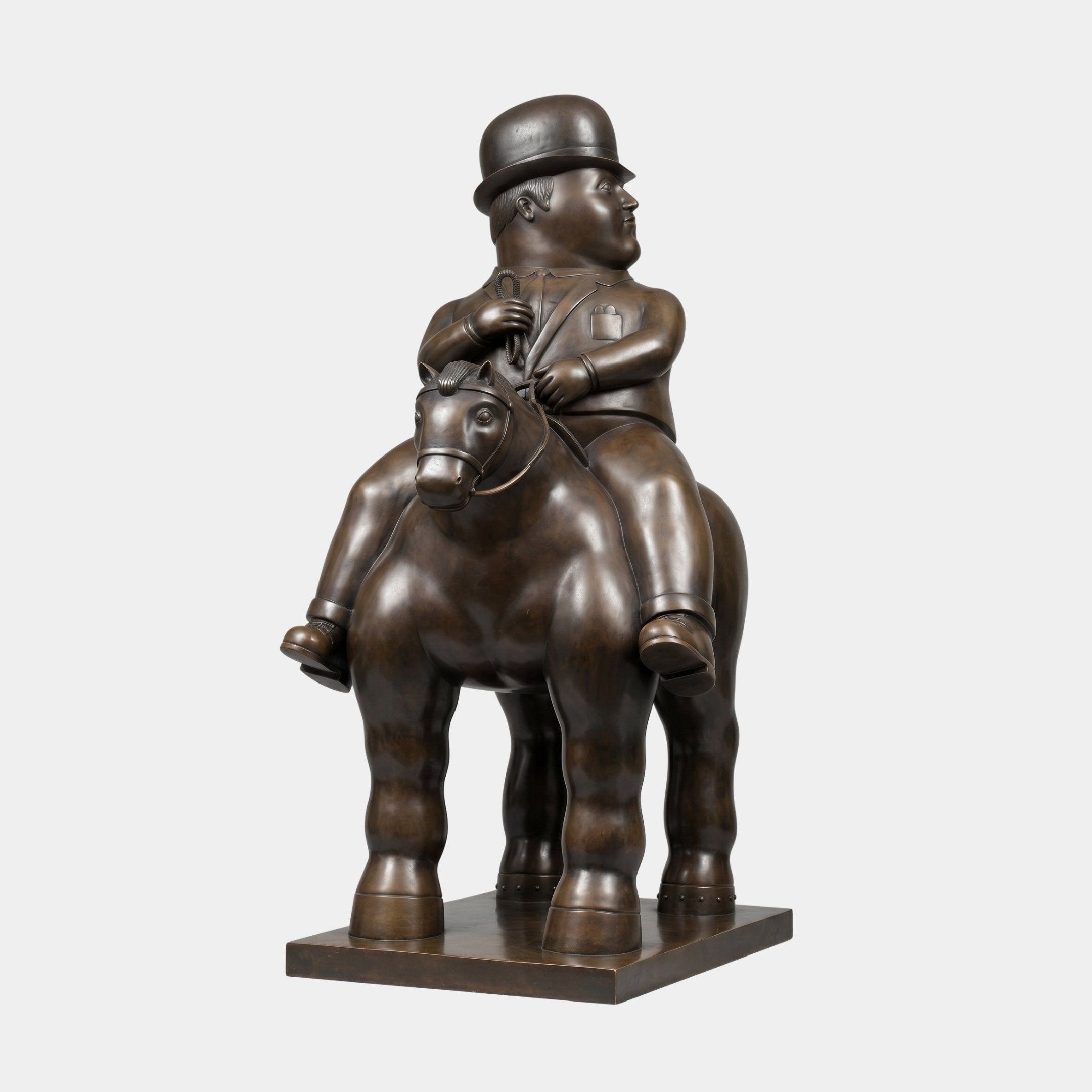 Giant Sculptures Monumental Contemporary Rotund Rider and Horse Bronze Sculpture, 350cm, showing a bowler-hatted man on a rounded horse, dark brown patina.
