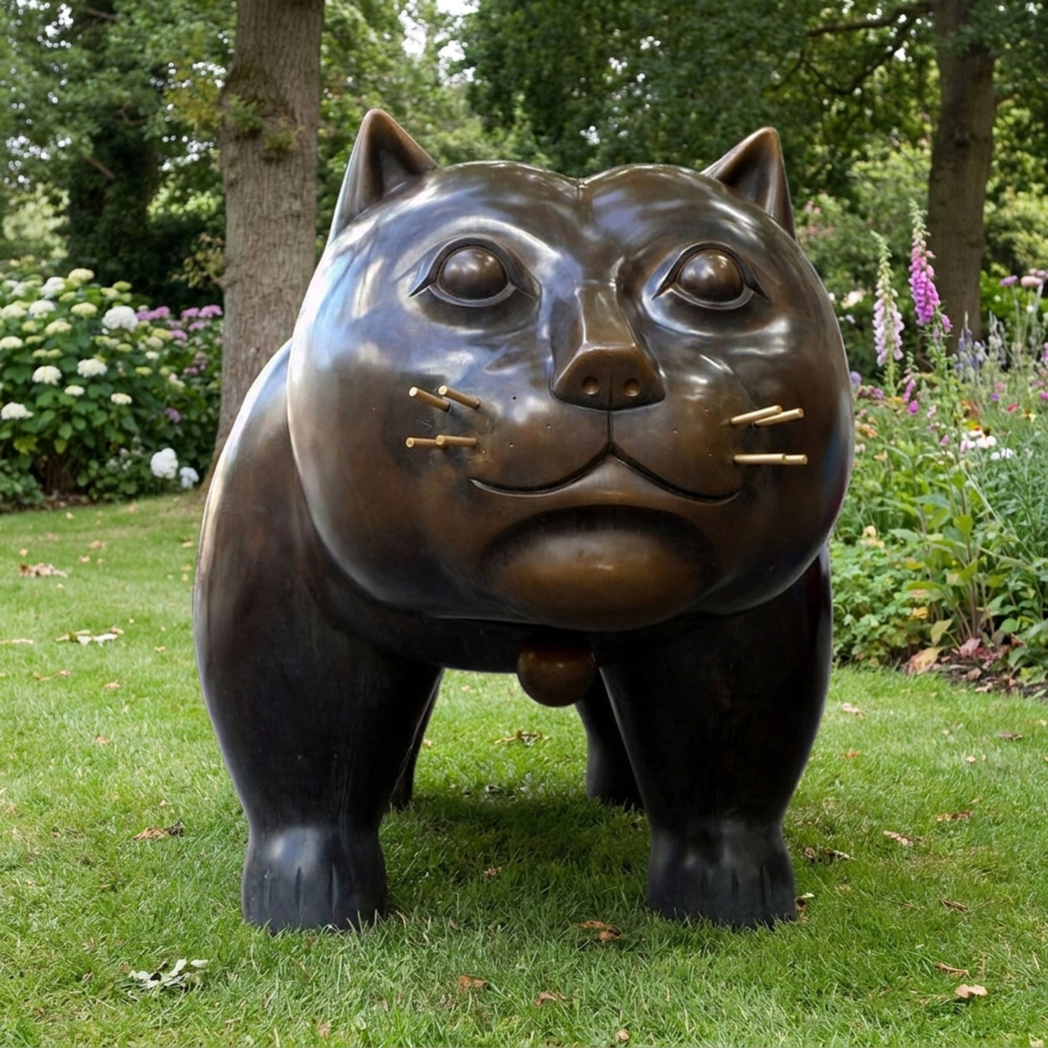 Giant Sculptures Monumental Contemporary Rotund Standing Cat Bronze Sculpture 220cm with dark patina and gold whiskers, displayed on a lawn beside flowering garden beds.