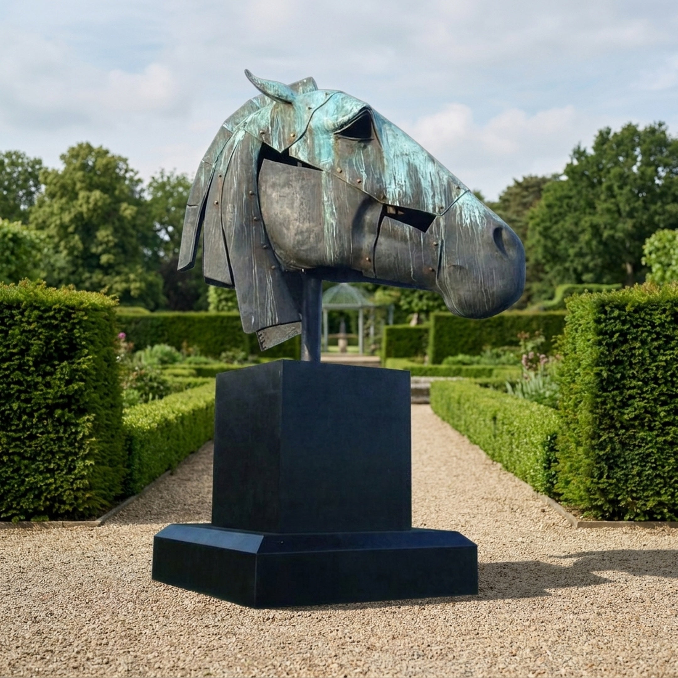 Monumental Contemporary Segmented Horse Head Bronze Sculpture by Giant Sculptures, verdigris-patinated plates on a dark plinth in a hedged garden path.
