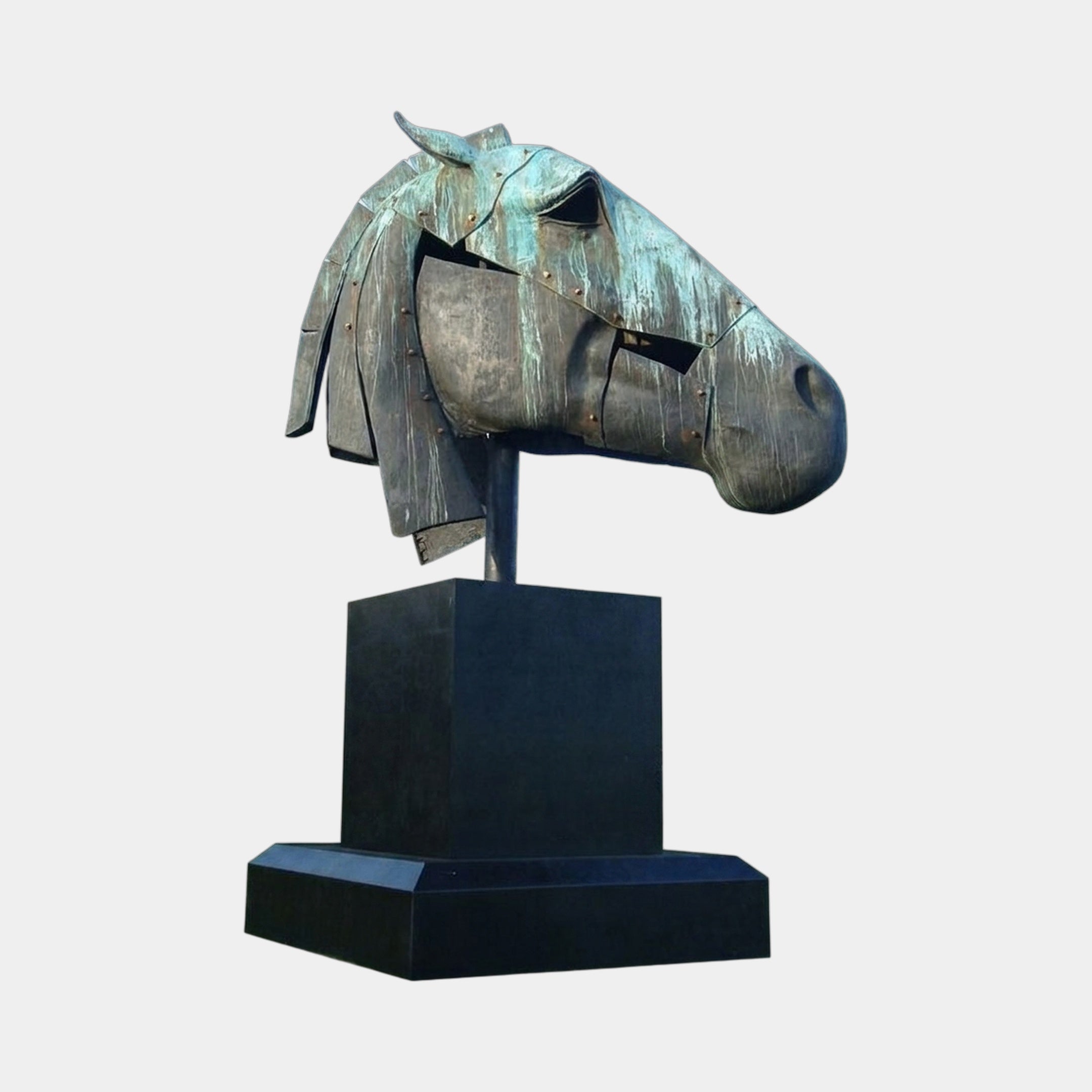 Monumental Contemporary Segmented Horse Head Bronze Sculpture by Giant Sculptures, with verdigris patina and riveted plates, mounted on a black granite plinth.