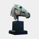 Monumental Contemporary Segmented Horse Head Bronze Sculpture by Giant Sculptures, with verdigris patina and riveted plates, mounted on a black granite plinth.