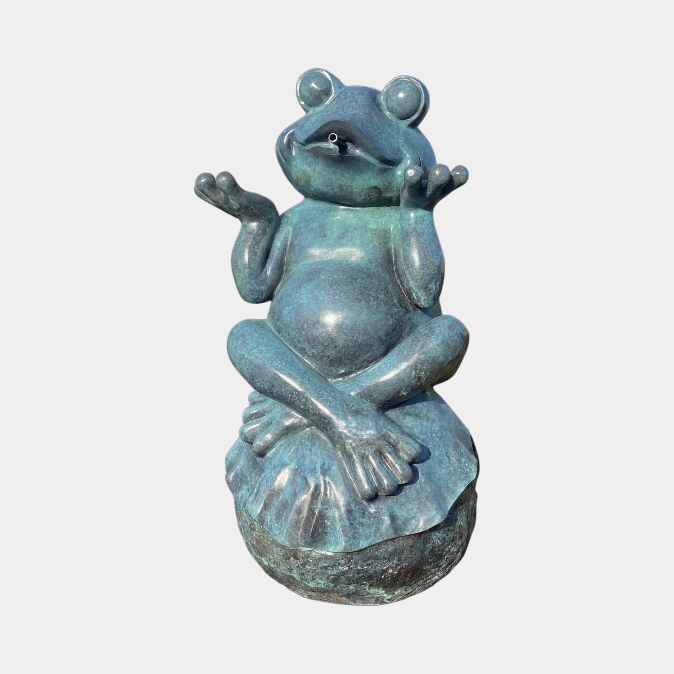 Monumental Contemporary Sitting Frog Bronze Fountain by Giant Sculptures, 220cm, with verdigris patina, arms raised and spout at the mouth, on a boulder base.