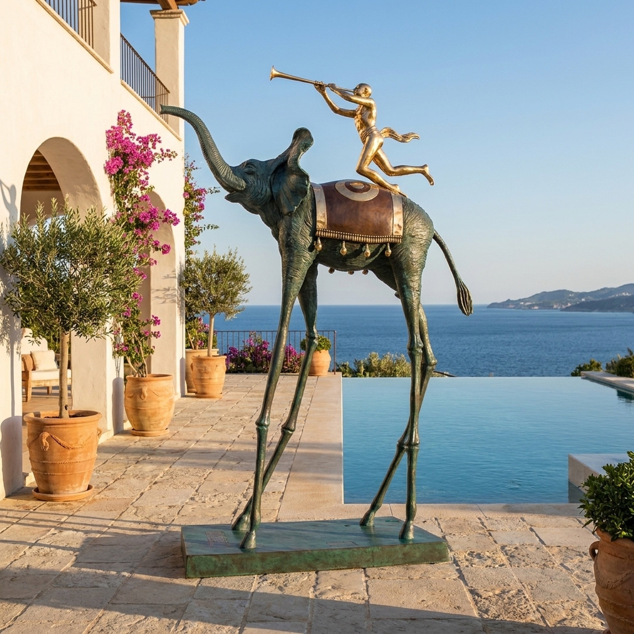 Monumental Surrealist Elephant and Trumpeting Rider Bronze Sculpture by Giant Sculptures on stilt-like legs beside an infinity pool overlooking the sea.